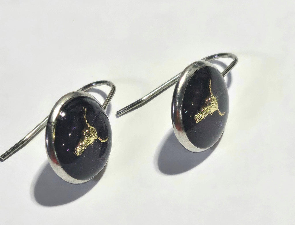 Dark Purple Bull Head Earrings - Rustic Boho Handmade Jewelry Gift for Her - Unique Quirky Accessory with Free Shipping