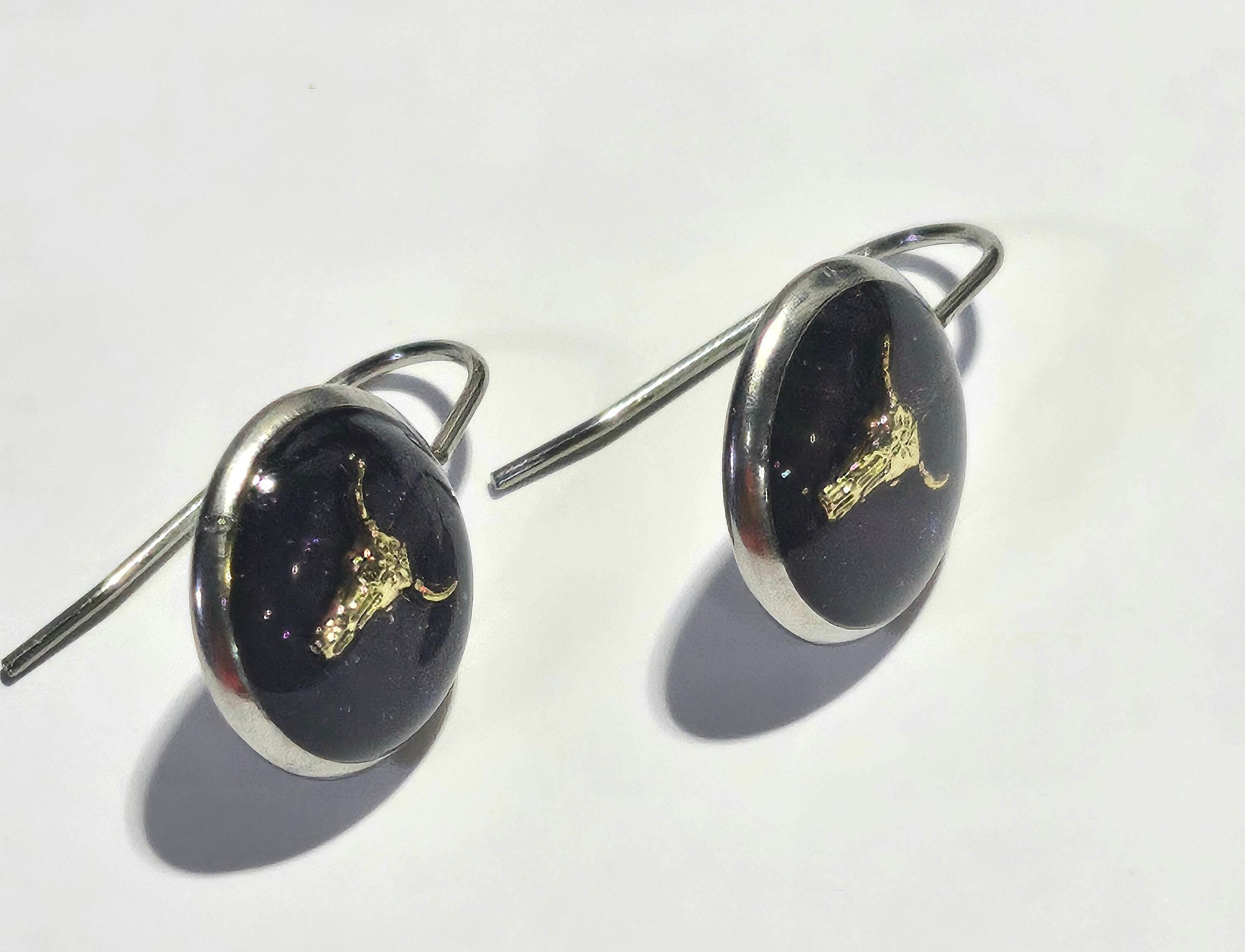 Dark Purple Bull Head Earrings - Rustic Boho Handmade Jewelry Gift for Her - Unique Quirky Accessory with Free Shipping