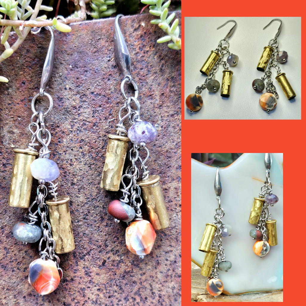 Hand Textured 22 Shell Earrings with Carnelian Amethyst  Bloodstone Beads on Stainless Steel Hooks  Unique Statement Jewelry