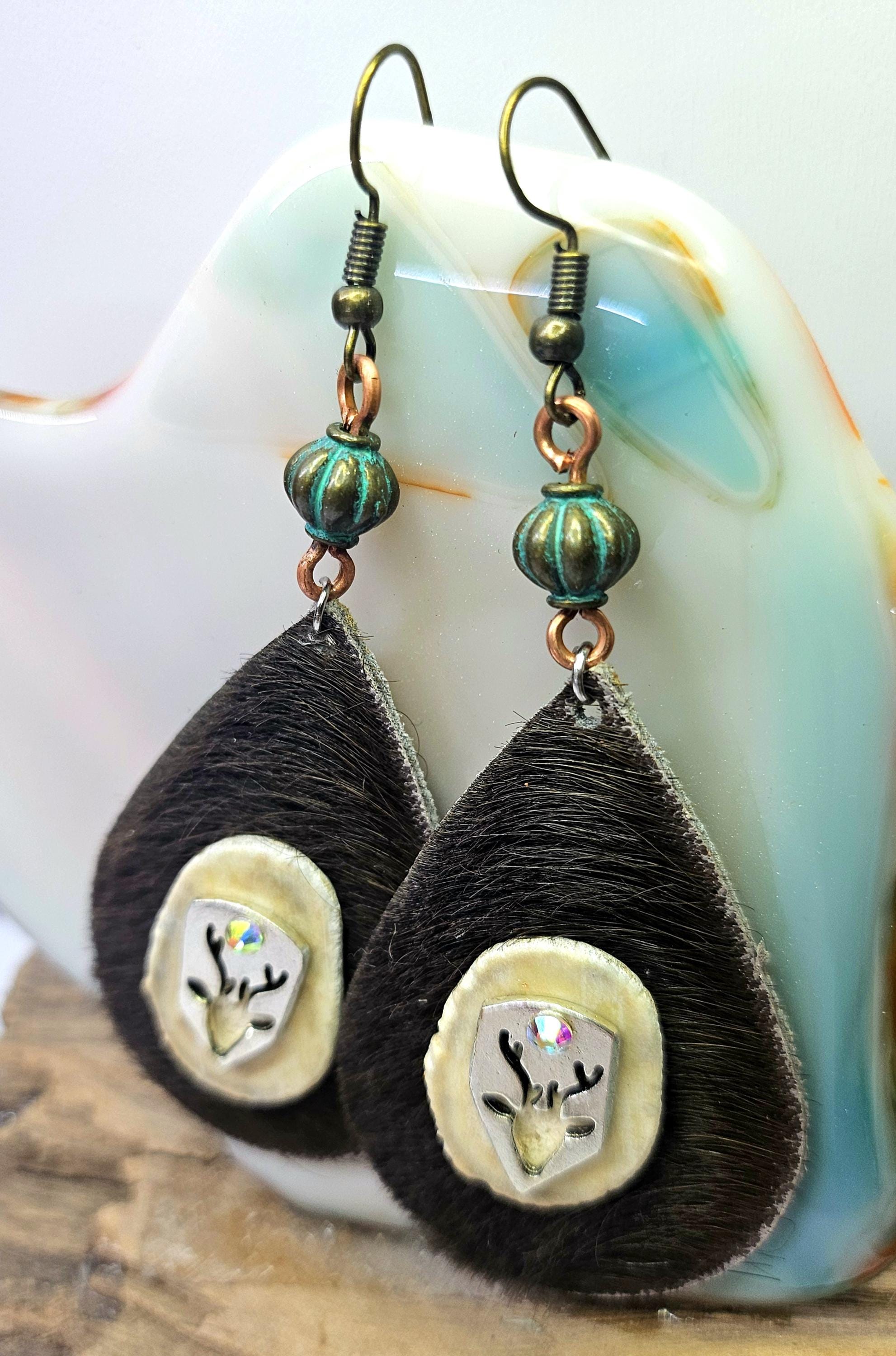 Rustic Deer Antler Slice  Leather Earrings on Stainless Steel Hooks for Nature Lovers  Woodland Chic Jewelry