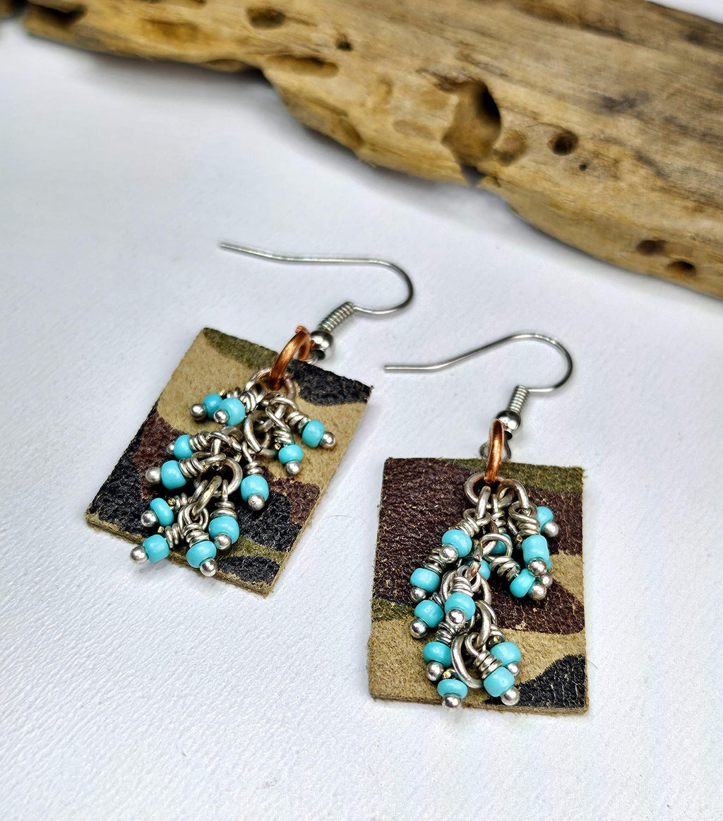 Handcut Camouflage Leather  Turquoise Earrings with Comfortable Stainless Steel Hooks for Nature Lovers