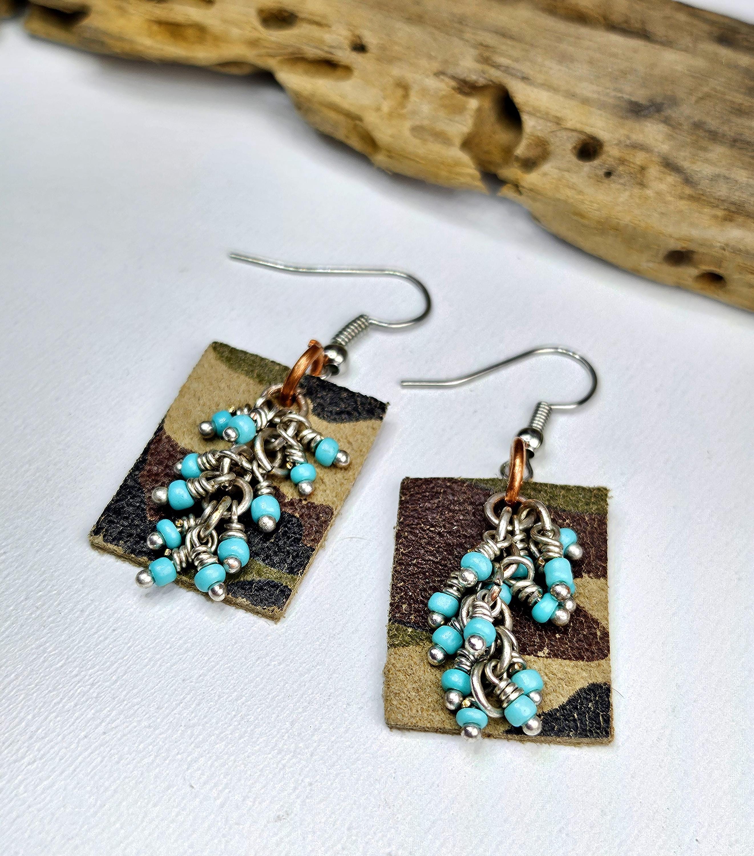 Handcut Camouflage Leather  Turquoise Earrings with Comfortable Stainless Steel Hooks for Nature Lovers