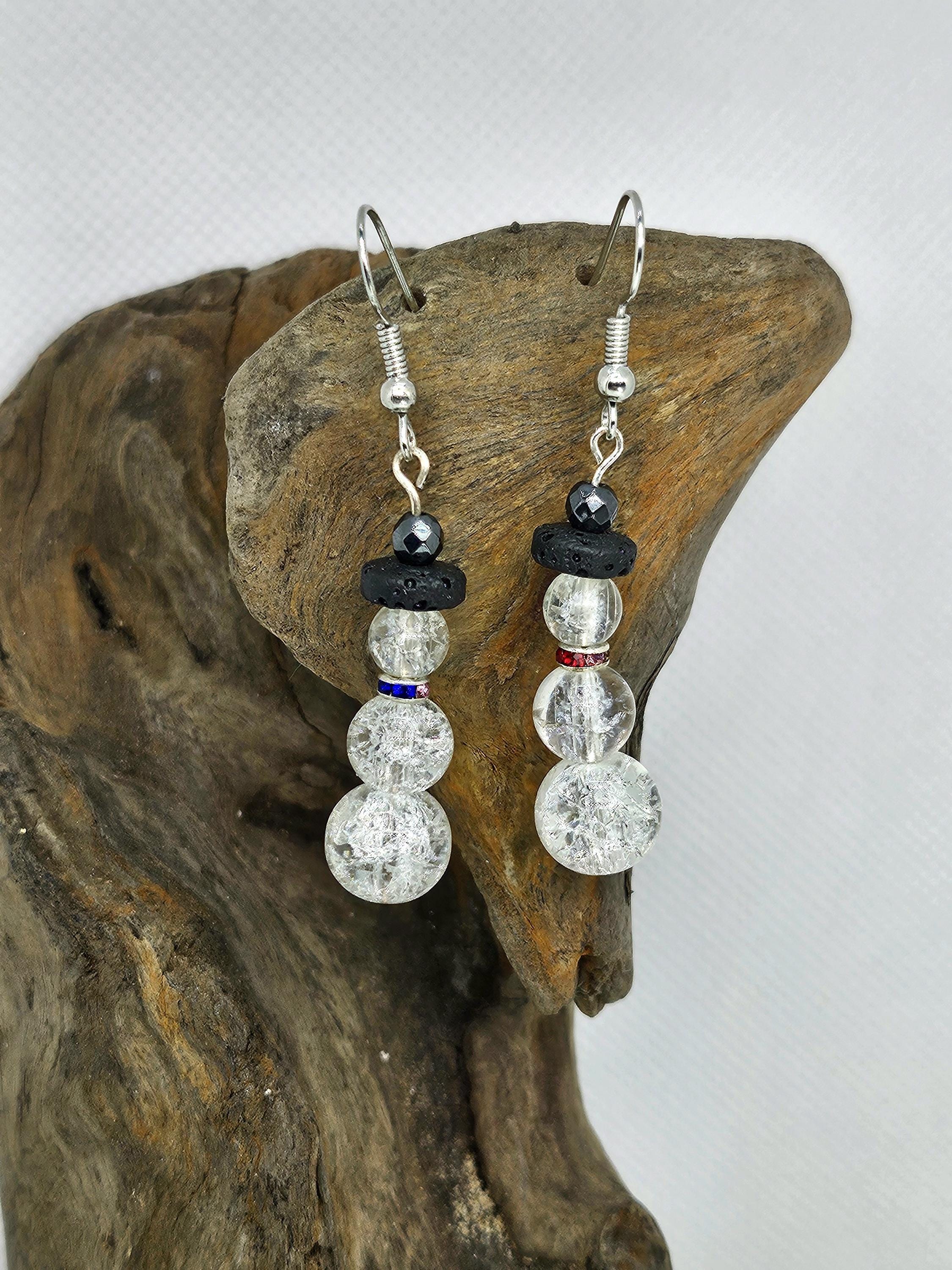 Clear Crackle Glass Earrings - Rustic Boho Handmade Jewelry Gift for Her - Unique Stainless Steel  Glass Design - Free Shipping