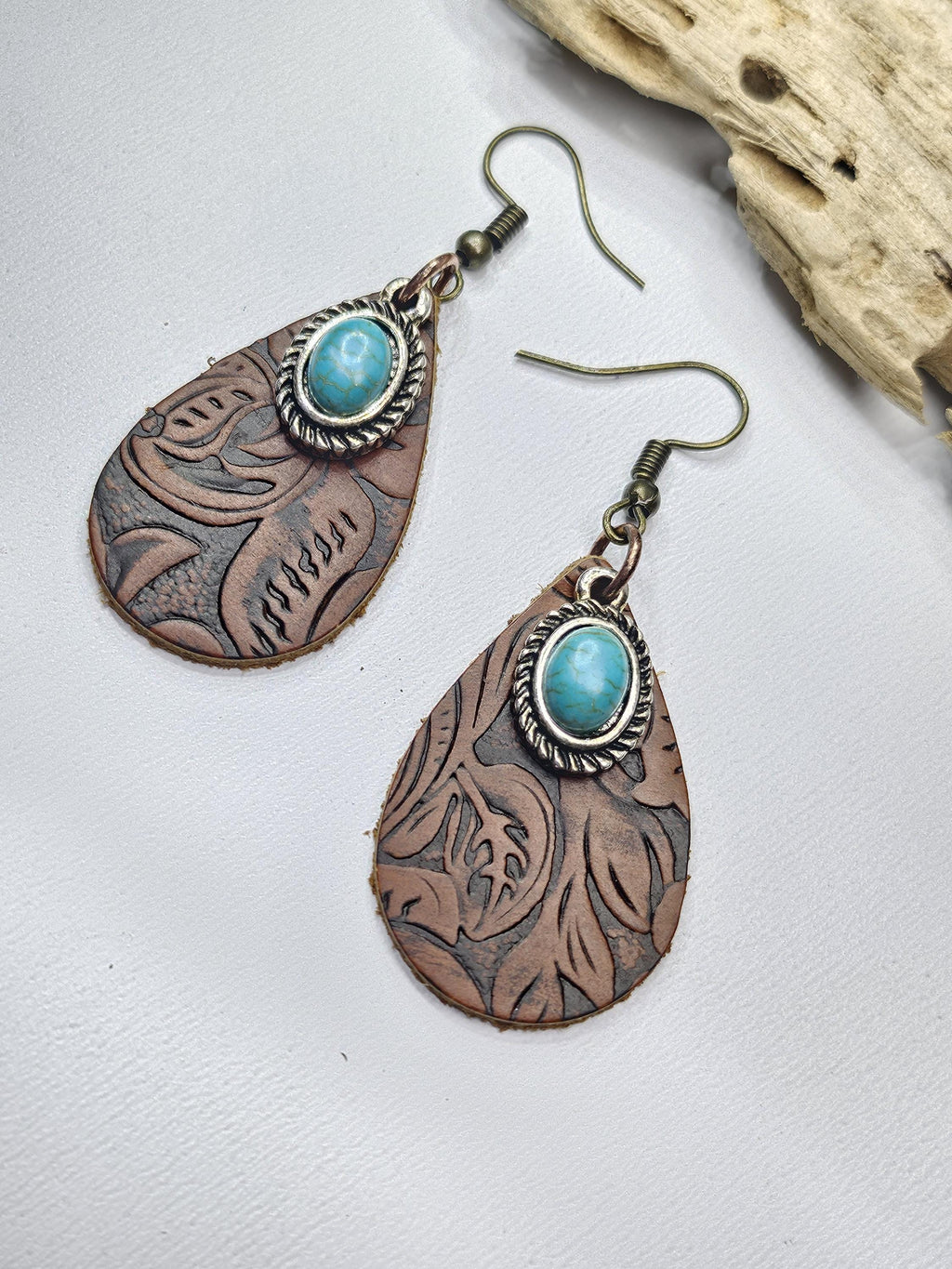 Handcut Leather Turquoise Dangle Earrings with Stainless Steel Hooks for Stylish Comfort