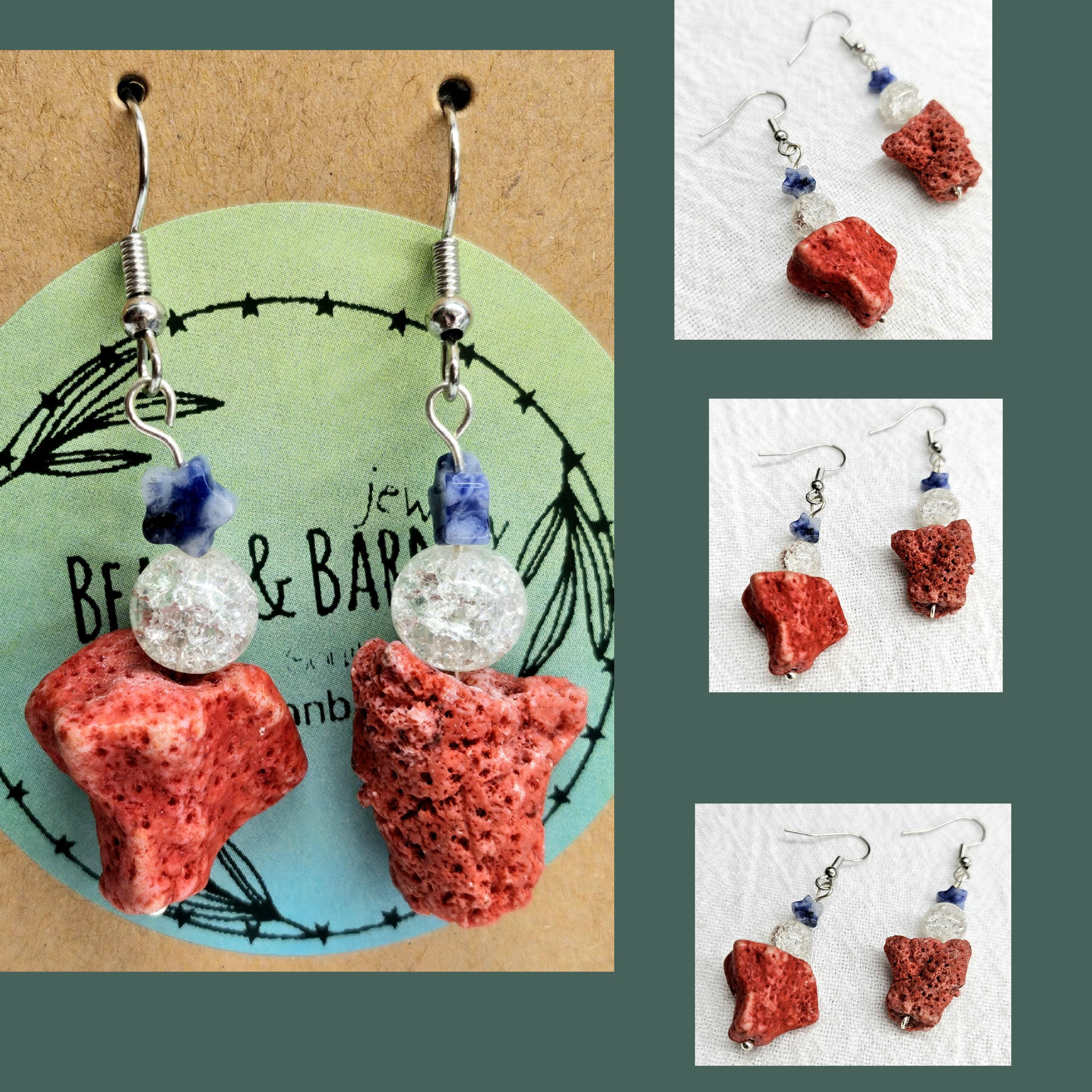 Natural Red Coral  Sodalite Drop Earrings - Handmade Rustic Boho Jewelry Gift for Her - Unique Statement Earrings with Free Shipping