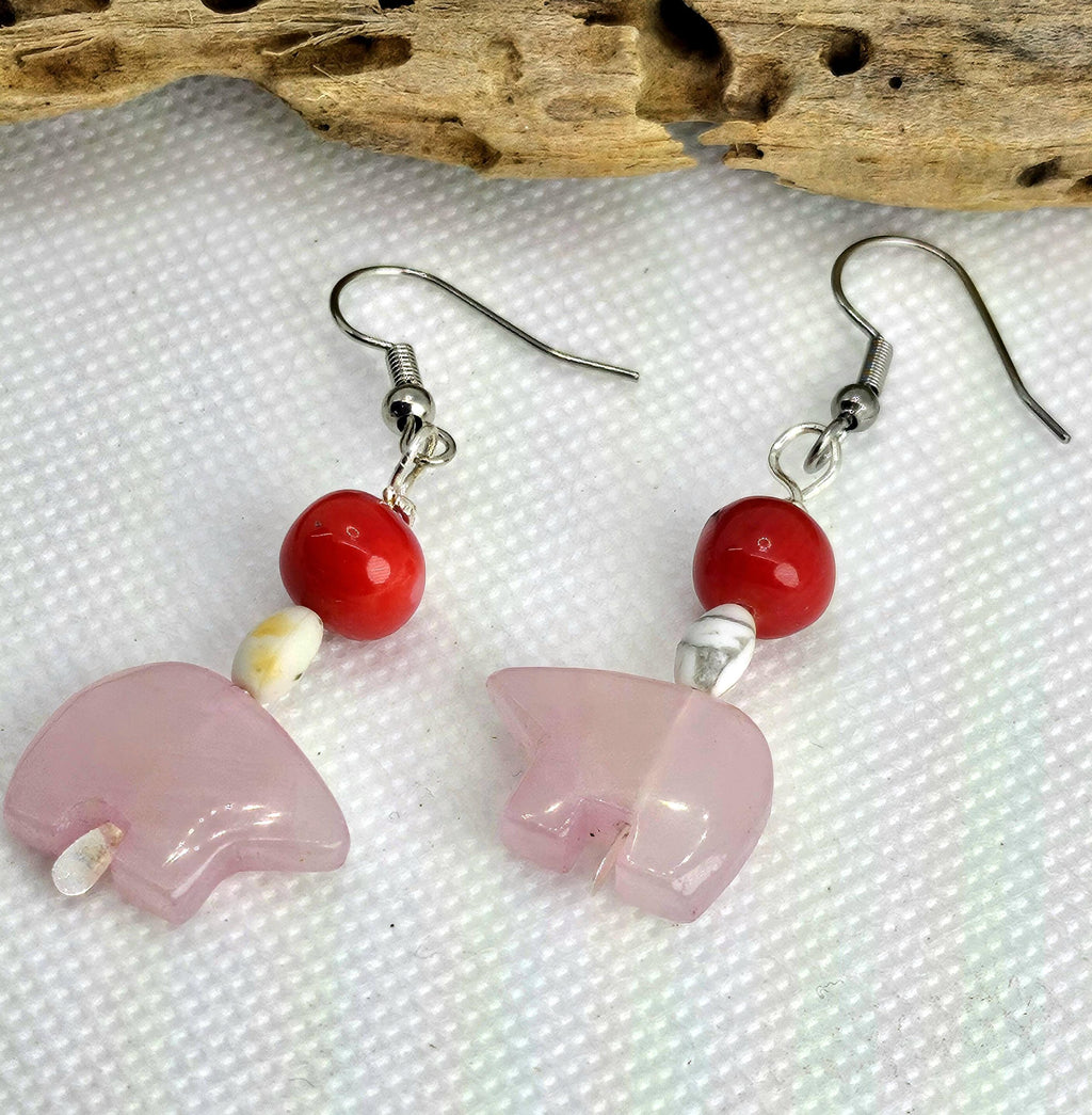 Handcrafted Red Coral  Rose Quartz Zuni Bear Earrings in Durable Stainless Steel - Rustic Boho Charm for Fashionistas Perfect Gift