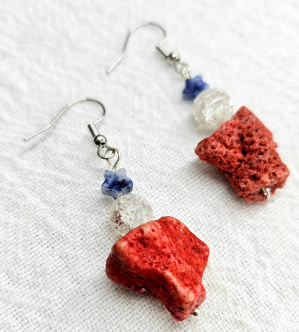 Natural Red Coral  Sodalite Drop Earrings - Handmade Rustic Boho Jewelry Gift for Her - Unique Statement Earrings with Free Shipping