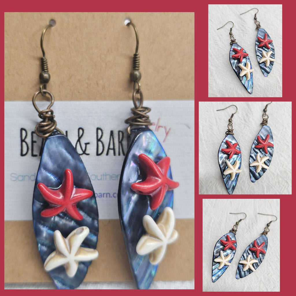 Handmade Blue Mother of Pearl  Magnesite Star Fish Earrings  Rustic Boho Jewelry Gift for Her  FREE SHIPPING