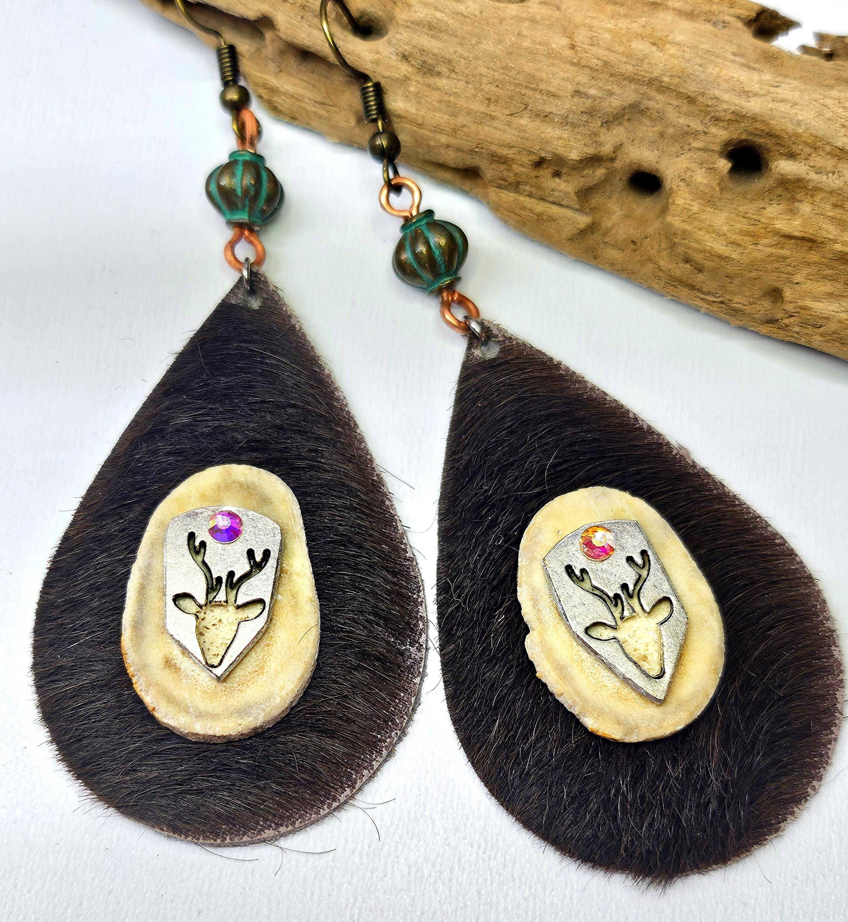 Rustic Deer Antler Slice  Leather Earrings on Stainless Steel Hooks for Nature Lovers  Woodland Chic Jewelry
