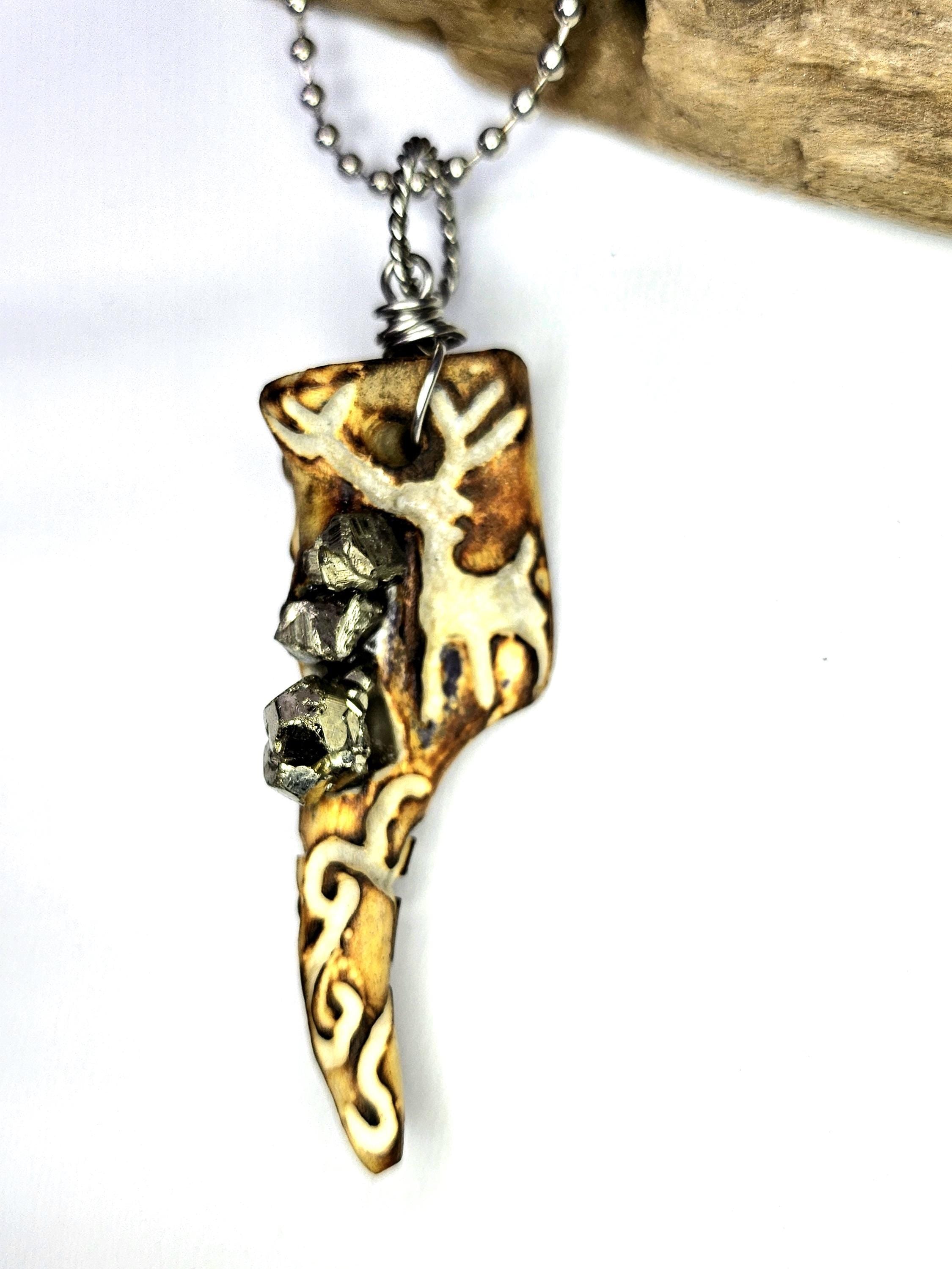 Hand Carved Deer Tine  Pyrite Nugget Pendant on Stainless Steel Chain  Rustic Woodland Jewelry Good Luck Charm for Nature Lovers