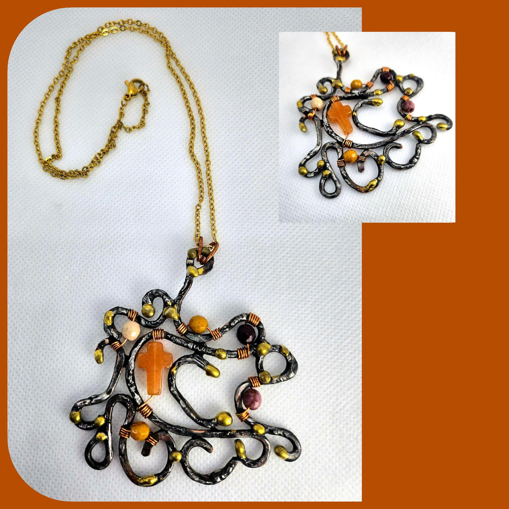 Handmade Carnelian Cross Pendant with Mookite Beads and Silver Solder on Gold Filled Chain - Unique Boho Jewelry Gift for Her Perfect