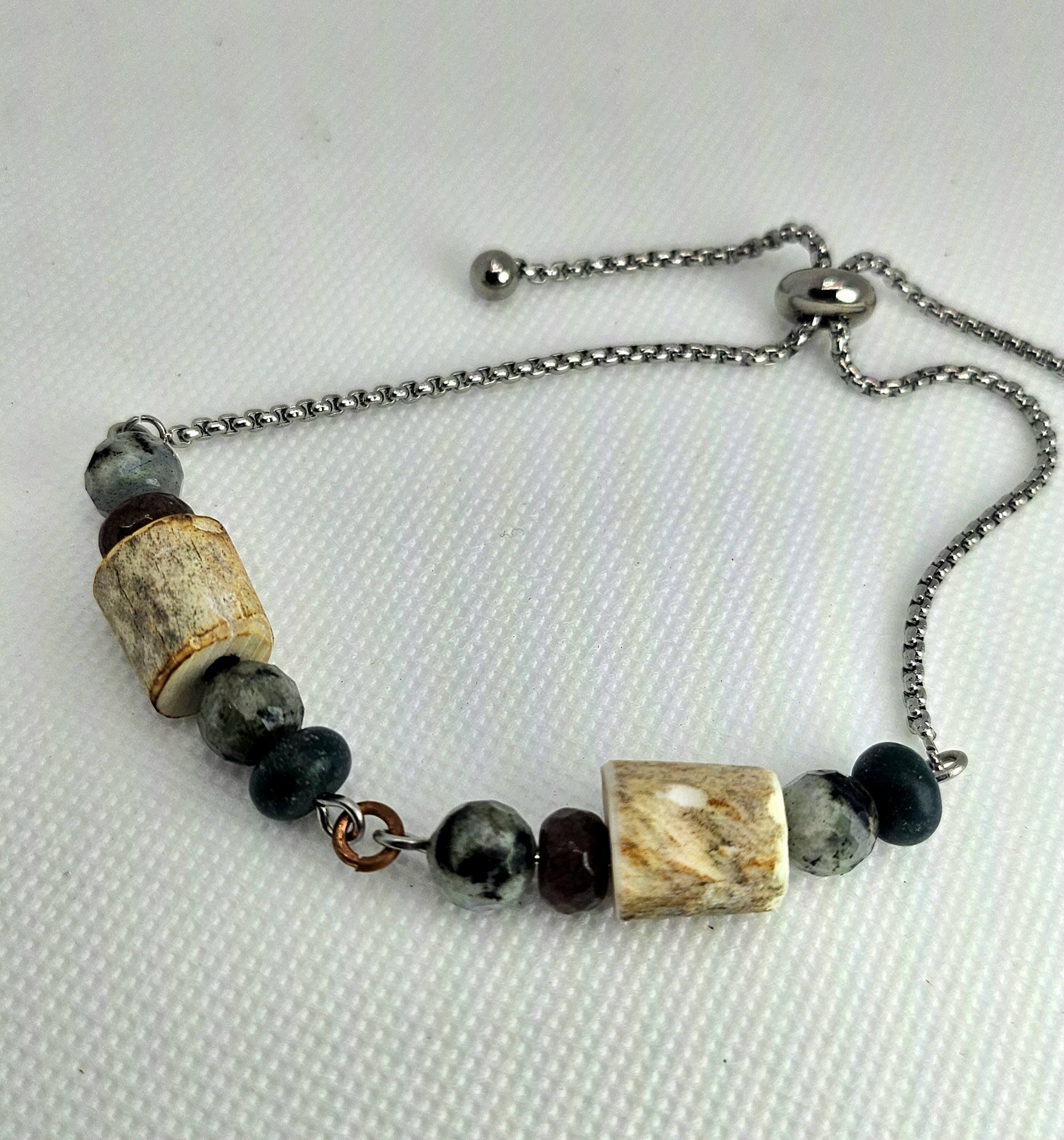 Deer Antler Bead  Kiwi Jasper Slide Bracelet - Rustic Boho Handmade Jewelry Gift for Her - Unique Statement Piece with Free Shipping