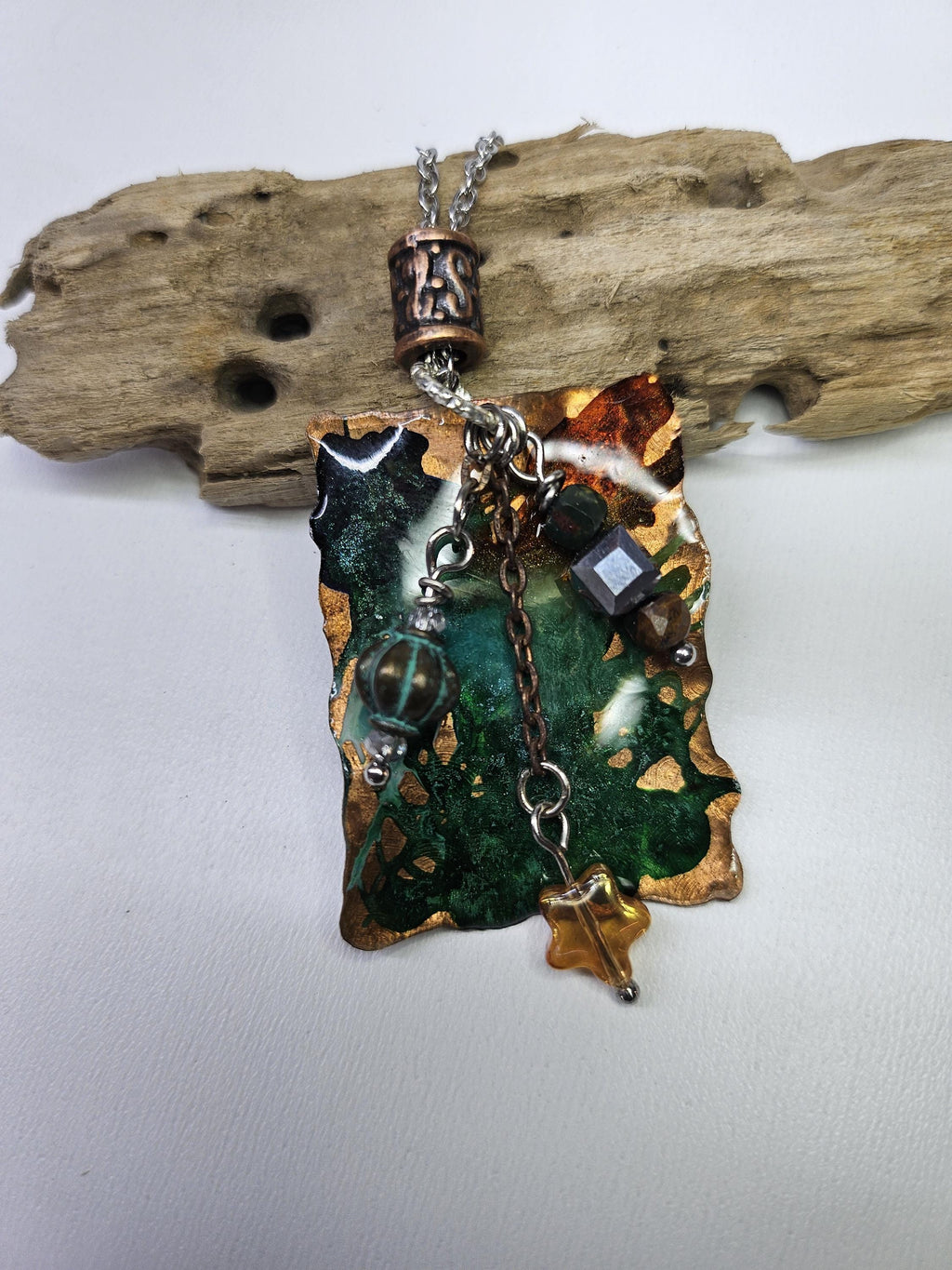 Textured Copper  Ink Stained Pendant Necklace - Rustic Boho Handmade Jewelry Gift for Her - FREE SHIPPING