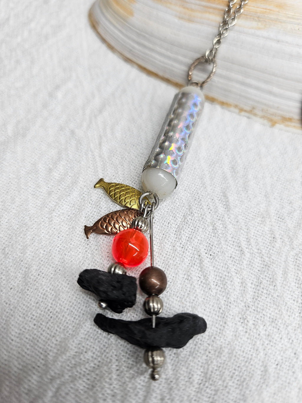 Fishing Charm Pendant with Lava Stone on Durable Stainless Steel Chain for Nature Lovers and Outdoor Enthusiasts