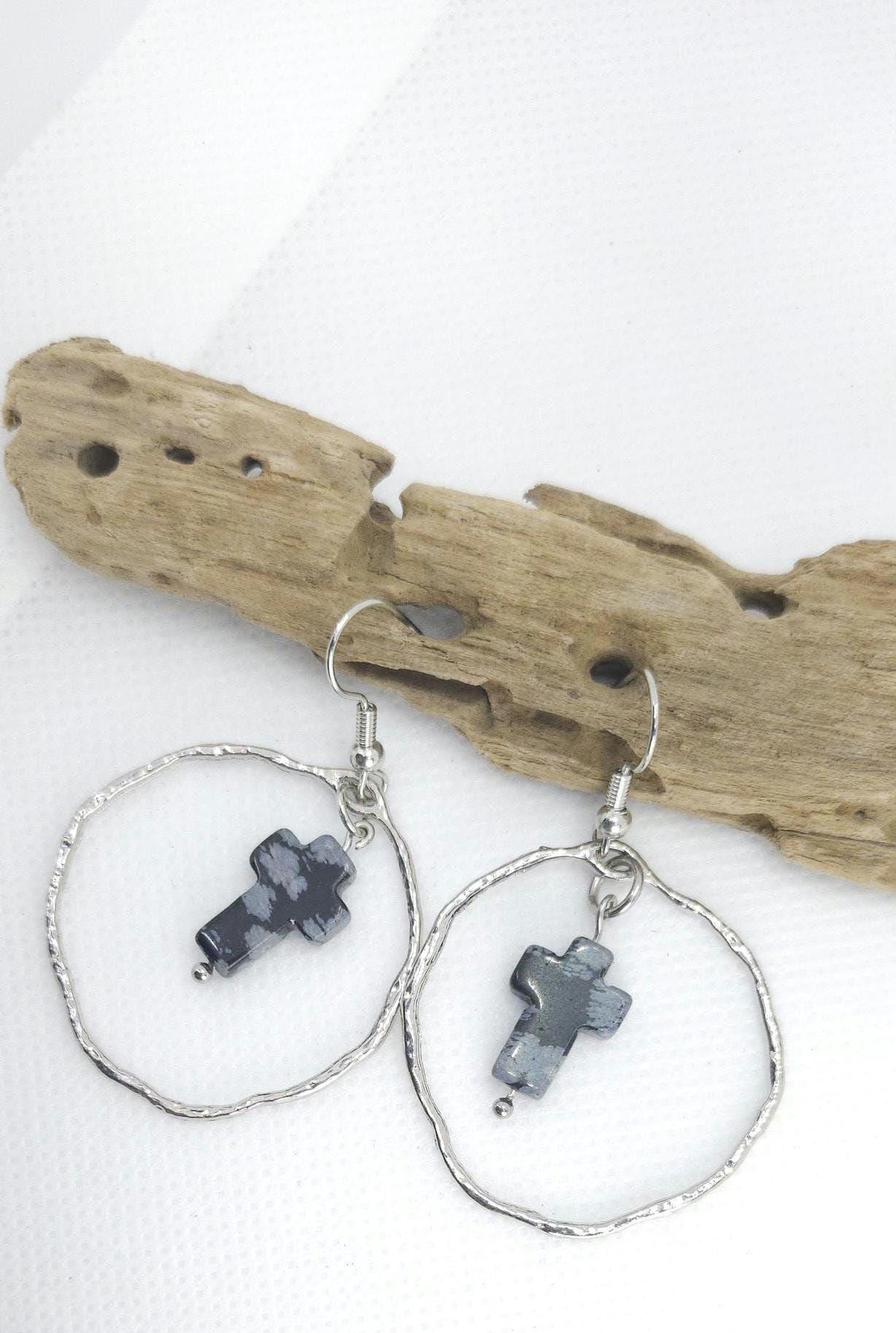 Handmade Snowflake Obsidian Cross Drop Earrings for Rustic Boho Style Elegant Stone Jewelry - Unique Gift with FREE Shipping