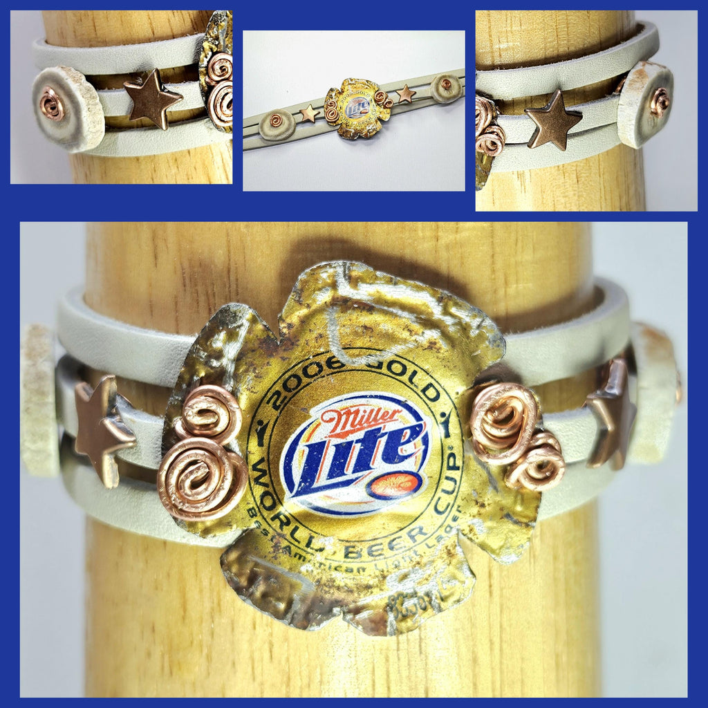 Metal Beer Cap Leather Bracelet with Genuine Deer Antler Slice for Rustic Strength Style  Masculinity