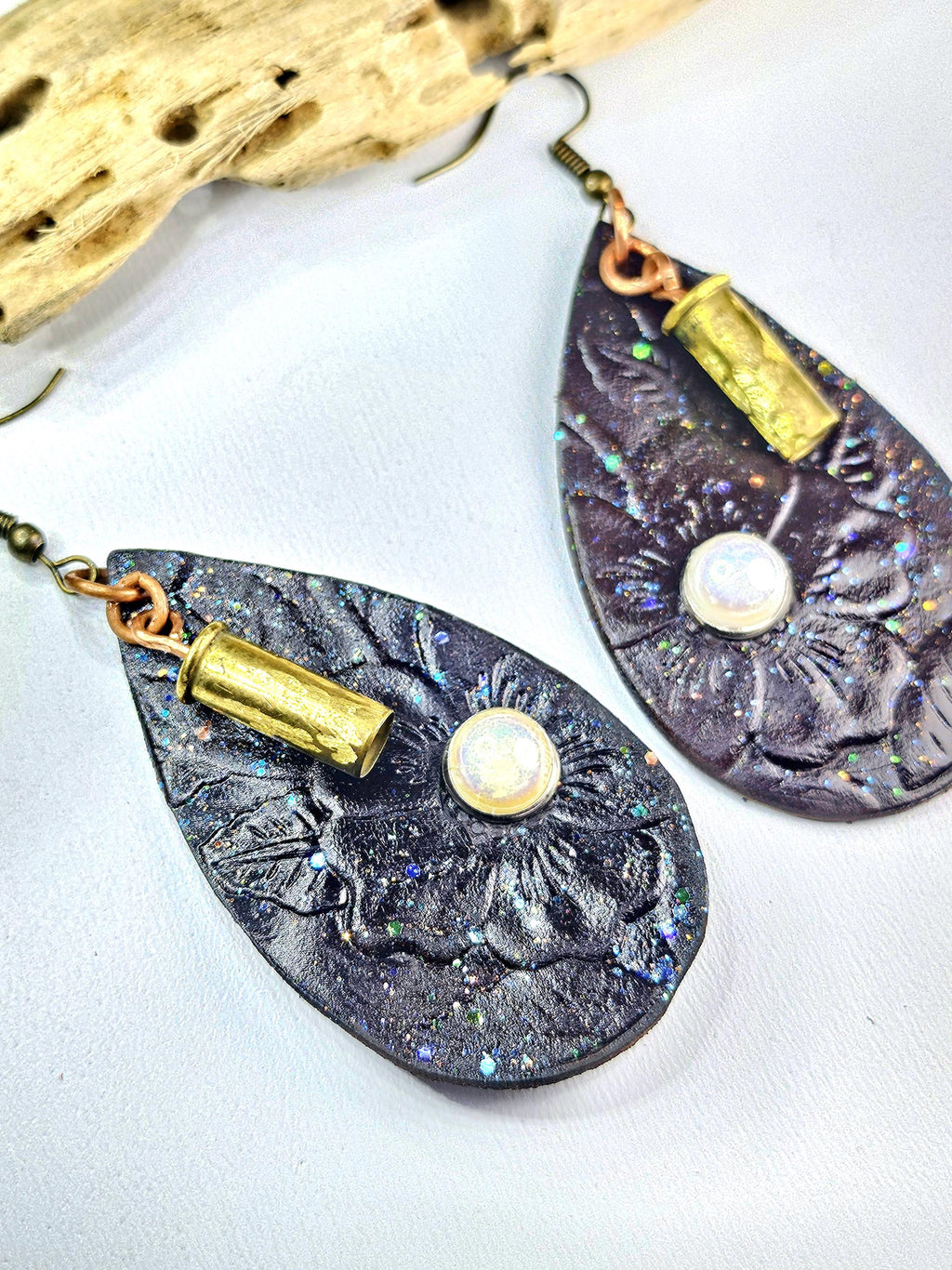 Embossed Leather Pearl Stud Earrings with 22 Bullet Brass Detail - Unique Fashion Statement for Bold Style