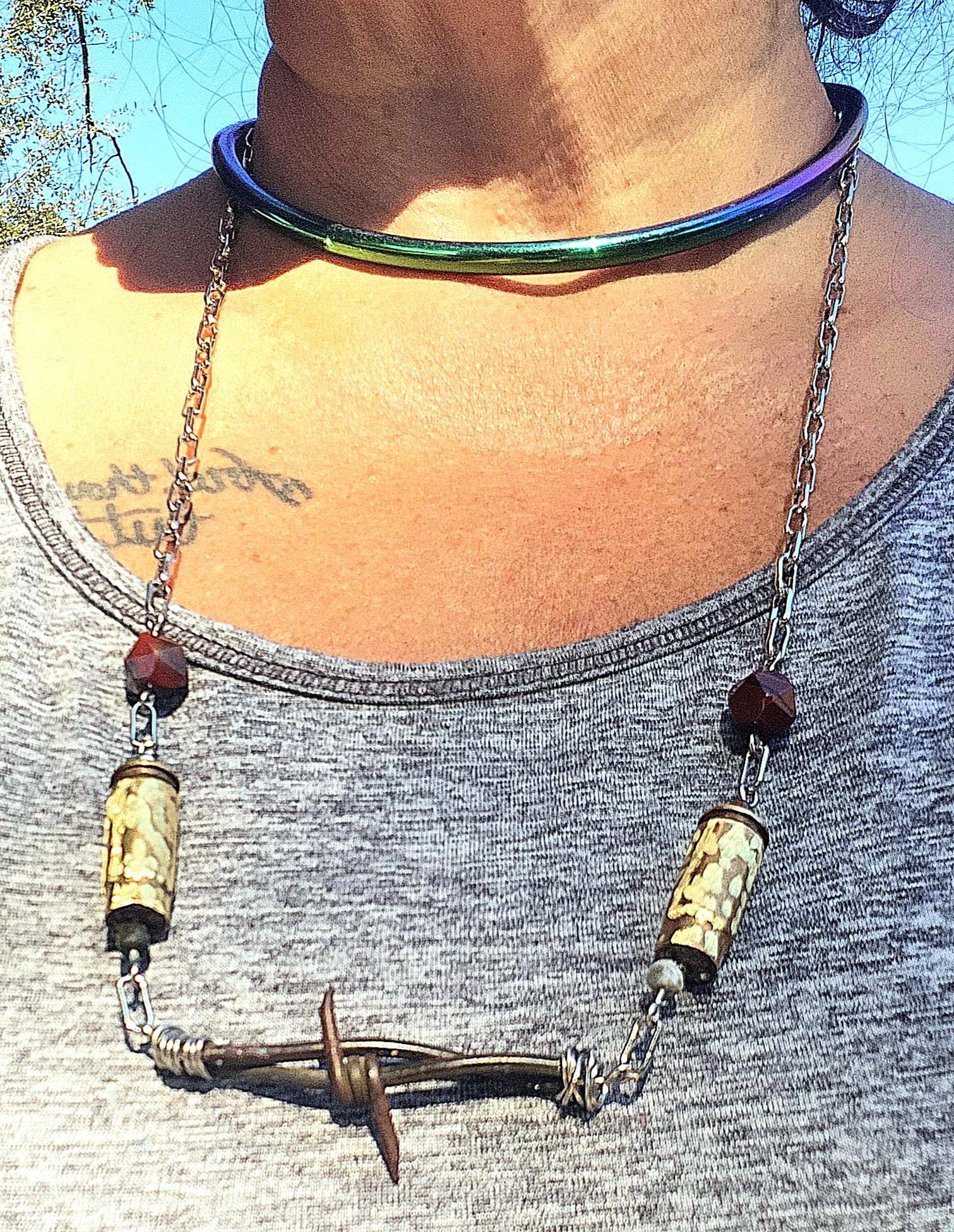 Barbed Wire  40mm Bullet Brass Pendant - Rustic Boho Handmade Jewelry Gift for Her - Unique Conversation Starter - Free Shipping