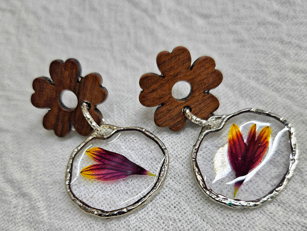 Oklahoma Wildflower Resin Flower Earrings - Handmade Red Wood Jewelry with Real Blanket Flowers - Unique One-of-a-Kind Accessories