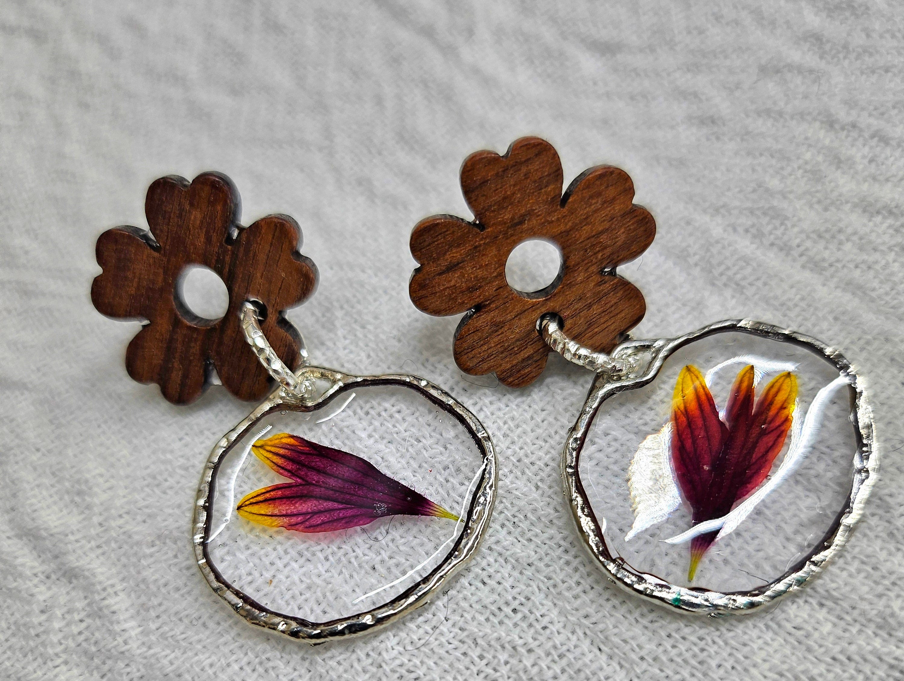 Oklahoma Wildflower Resin Flower Earrings - Handmade Red Wood Jewelry with Real Blanket Flowers - Unique One-of-a-Kind Accessories