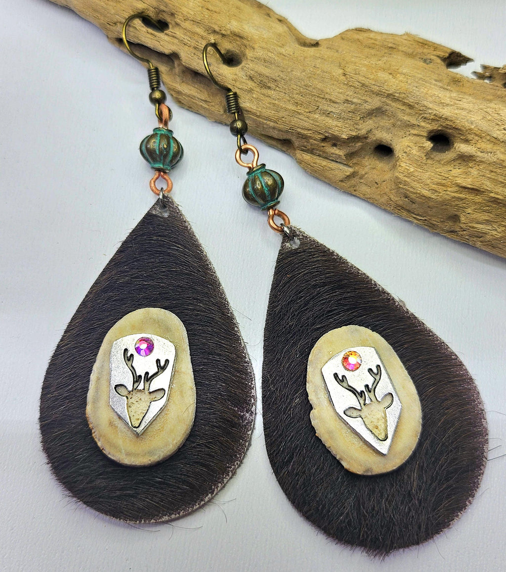 Rustic Deer Antler Slice  Leather Earrings on Stainless Steel Hooks for Nature Lovers  Woodland Chic Jewelry