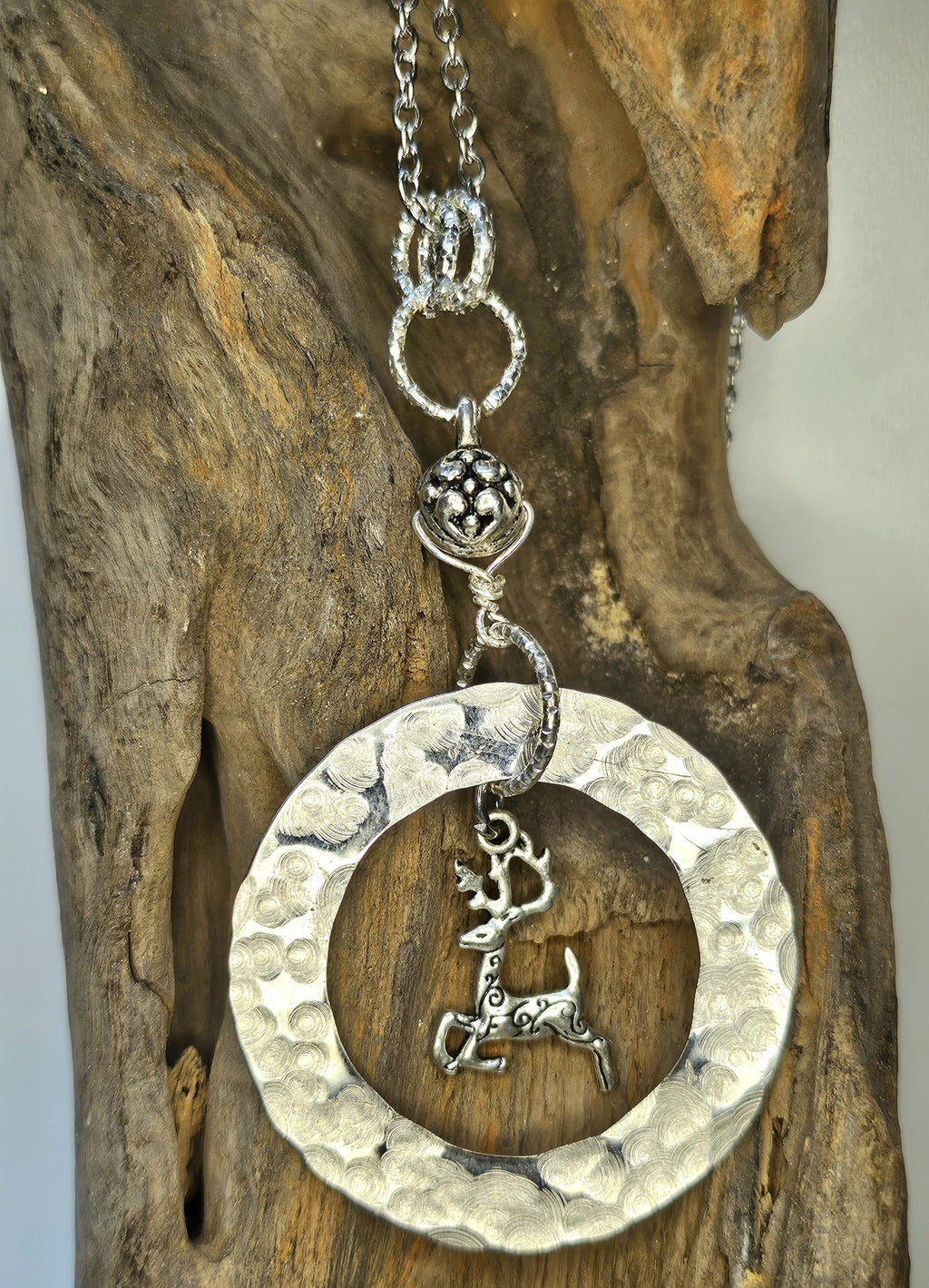 Hand Textured Rustic Boho Deer Charm Pendant Necklace  Unique Handmade Jewelry Gift for Her with Free Shipping  Woodland Goddess