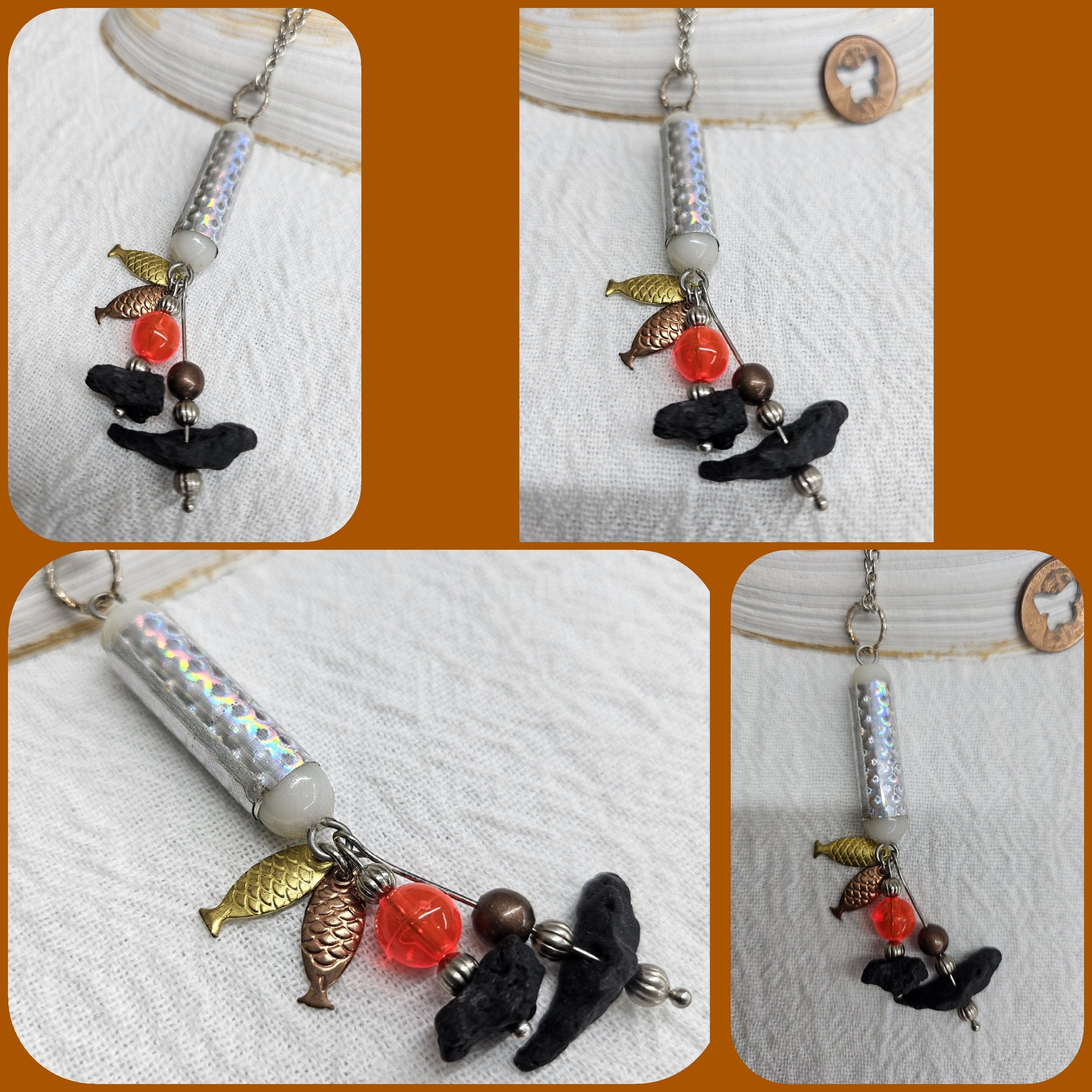 Fishing Charm Pendant with Lava Stone on Durable Stainless Steel Chain for Nature Lovers and Outdoor Enthusiasts