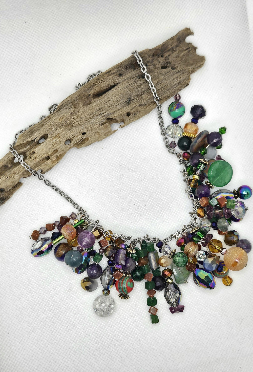Crystal  Glass Cluster Necklace - Rustic Boho Handmade Jewelry Gift for Her - Free Shipping - Unique Statement Piece for Any Occasion