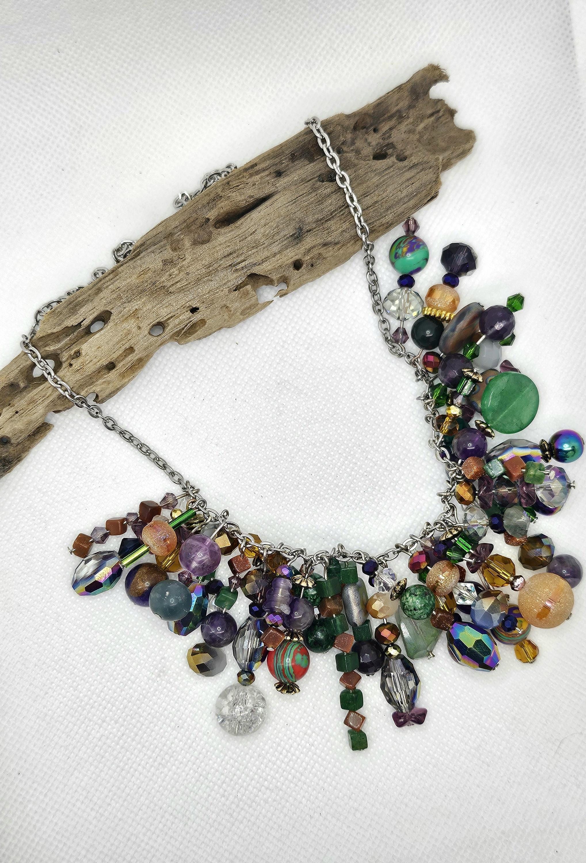 Crystal  Glass Cluster Necklace - Rustic Boho Handmade Jewelry Gift for Her - Free Shipping - Unique Statement Piece for Any Occasion