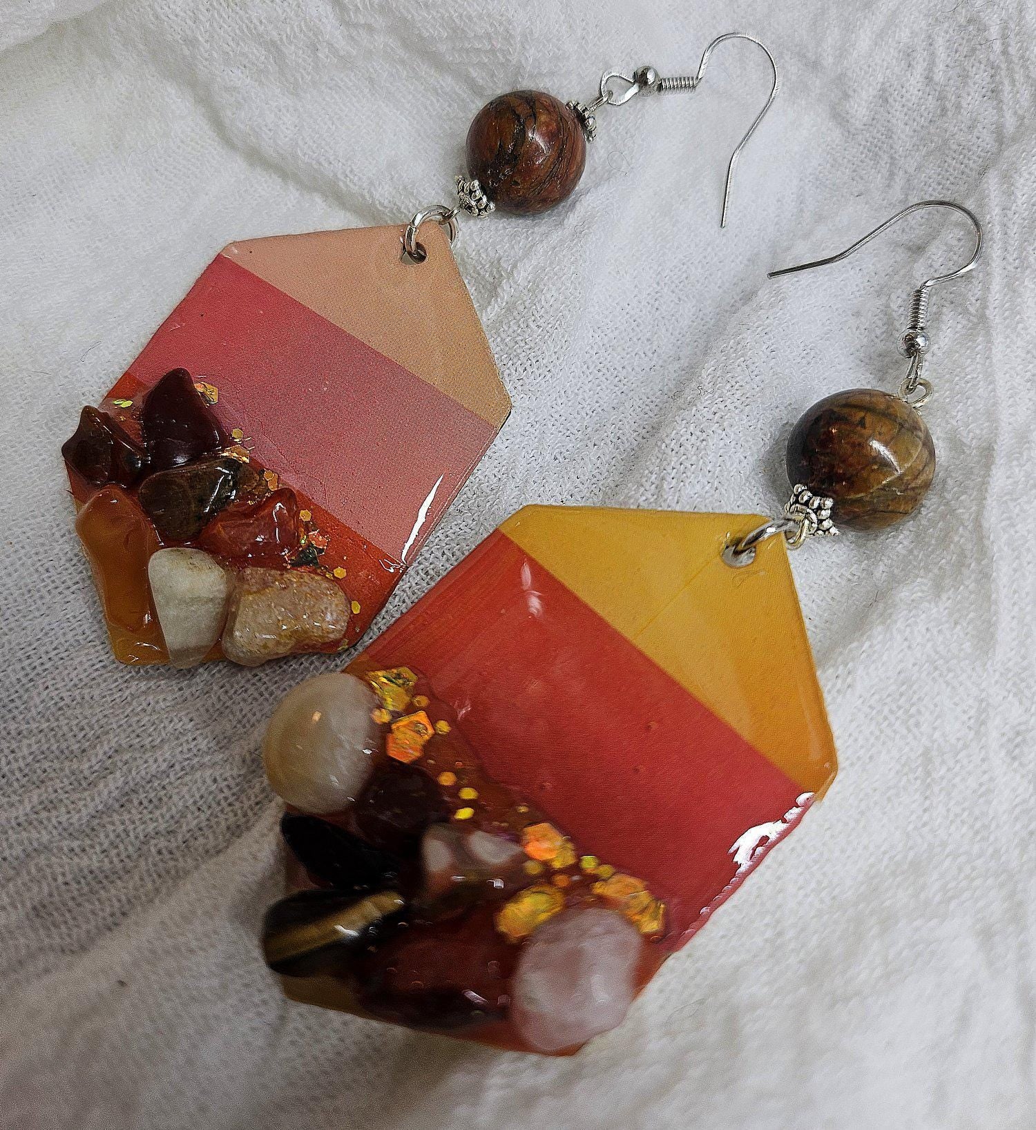 Washi Tape  Multi Stone Pendant Earrings with Stainless Steel Hooks - Rustic Boho Chic Jewelry for Unique Style