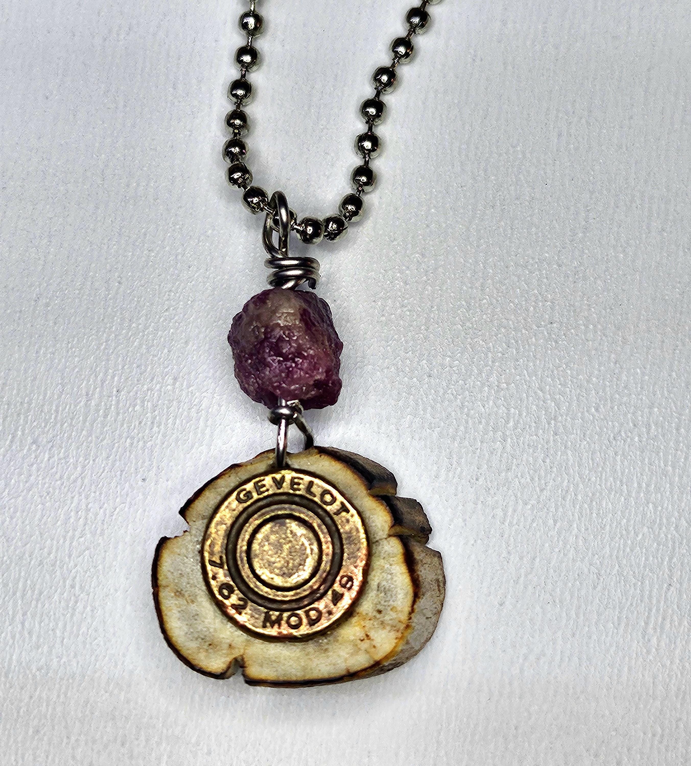 Deer Antler Slice Pendant with Bullet Brass  Pink Tourmaline Rustic Boho Handmade Jewelry Gift for Her Free Shipping