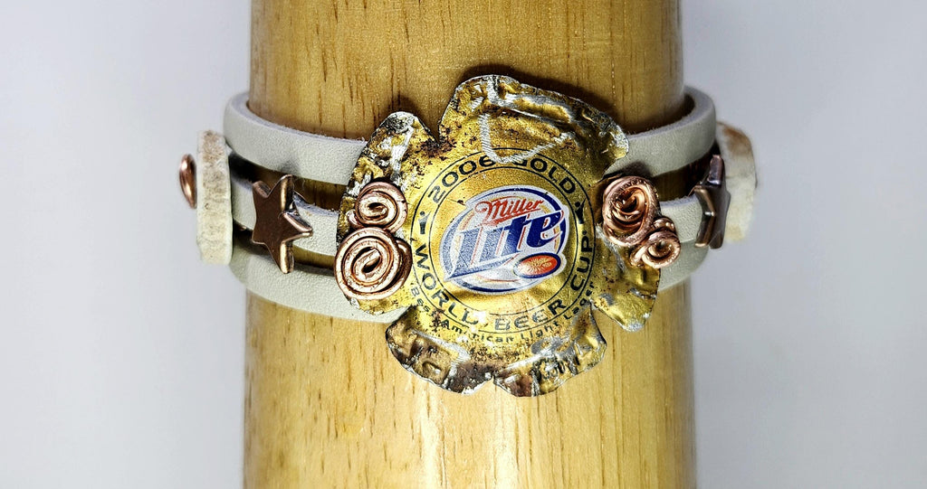 Metal Beer Cap Leather Bracelet with Genuine Deer Antler Slice for Rustic Strength Style  Masculinity