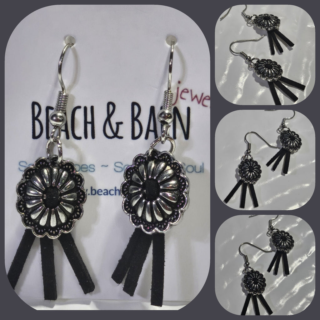 1-Inch Black Leather Concho Earrings with Stainless Steel Hooks for Trendy Style  All-Day Comfort