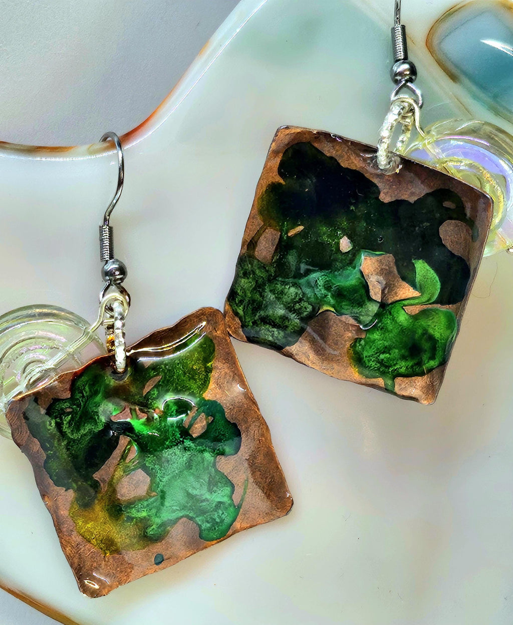 Hand Textured Copper  Czech Glass Rustic Boho Earrings Handmade Jewelry Gift for Her Free Shipping Unique Style 239