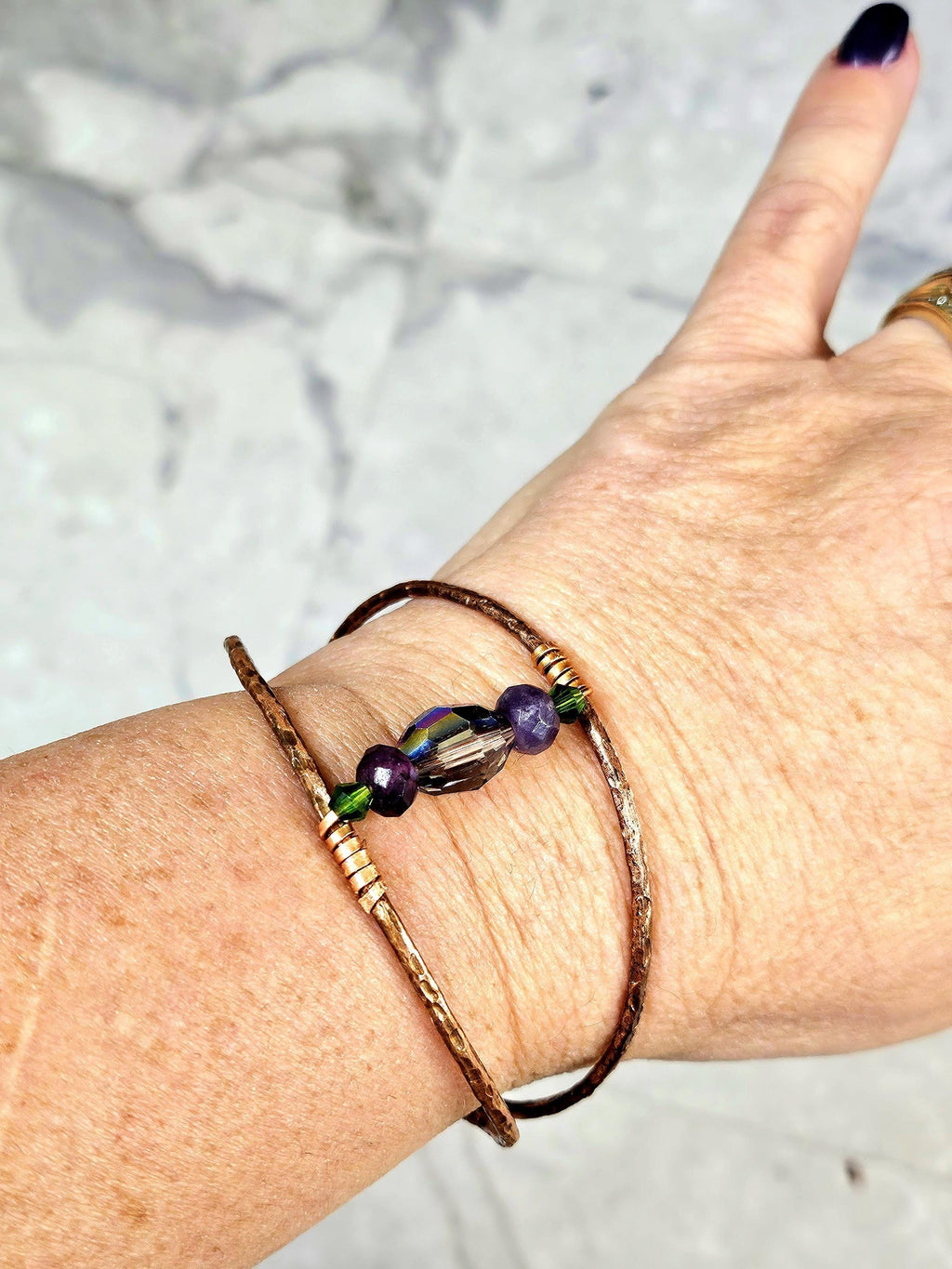 Textured Copper Wire Cuff Bracelet with Crystal Accent  Rustic Boho Handmade Jewelry Gift for Her  Free Shipping Available