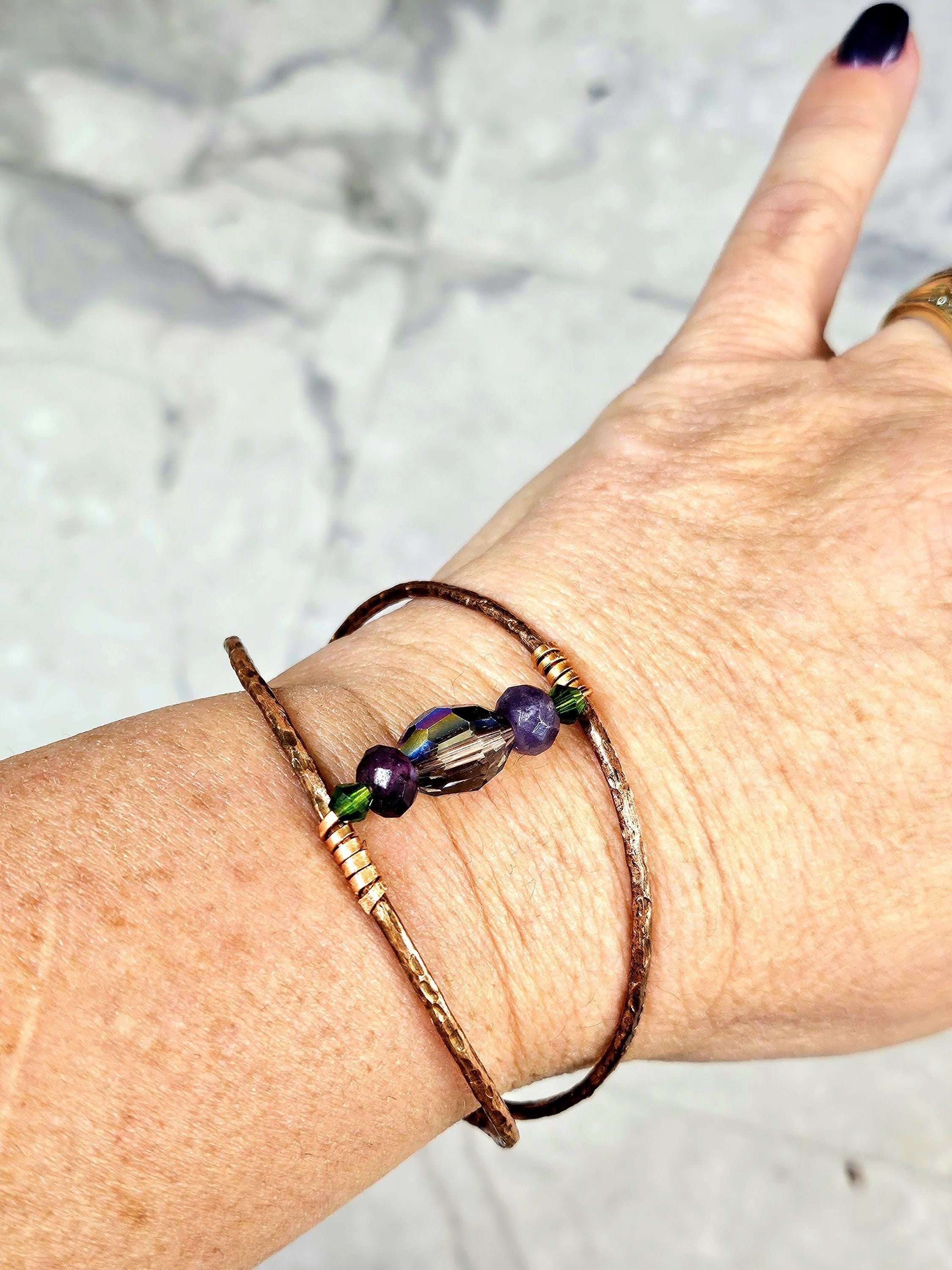 Textured Copper Wire Cuff Bracelet with Crystal Accent  Rustic Boho Handmade Jewelry Gift for Her  Free Shipping Available