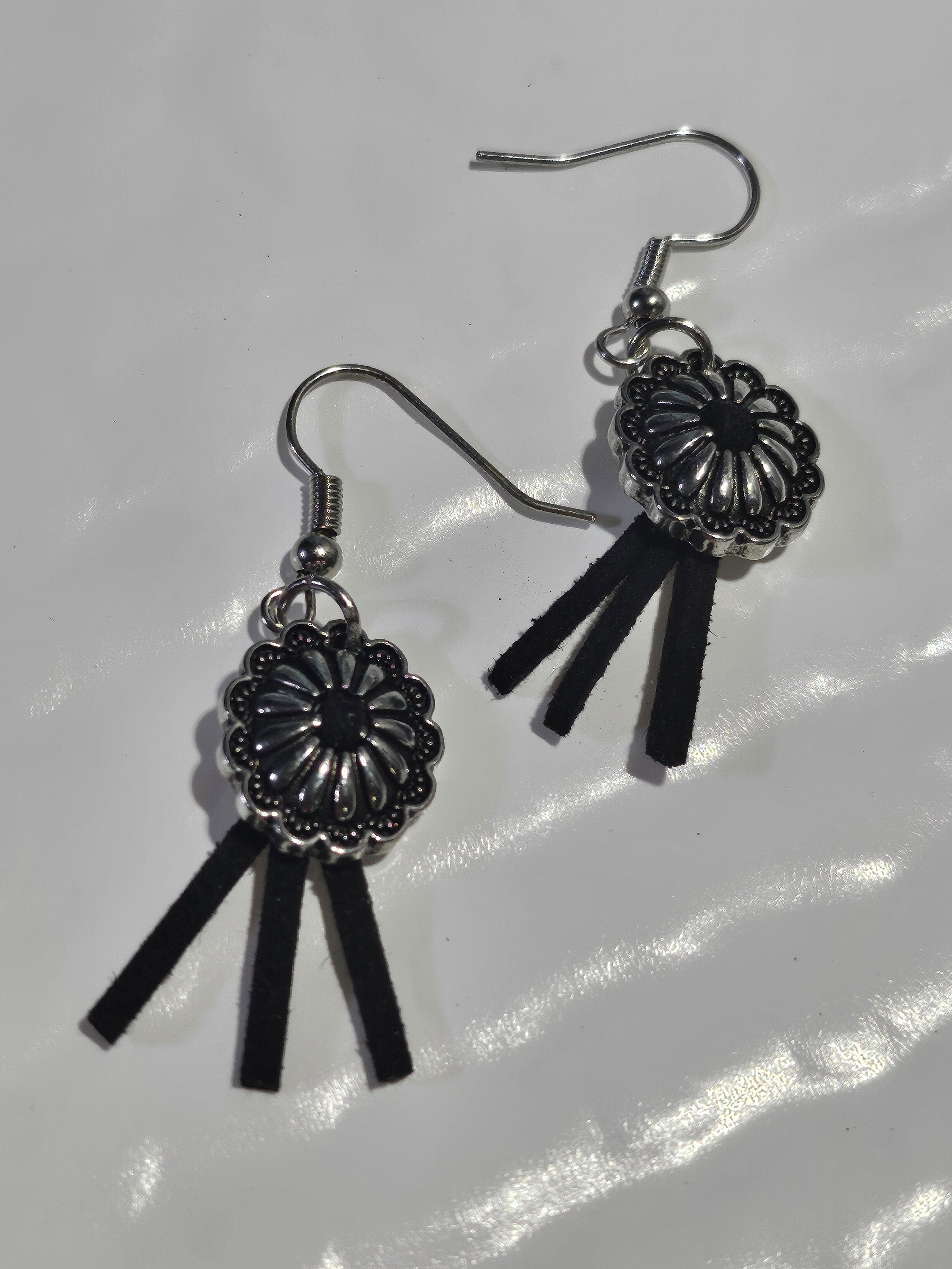 1-Inch Black Leather Concho Earrings with Stainless Steel Hooks for Trendy Style  All-Day Comfort