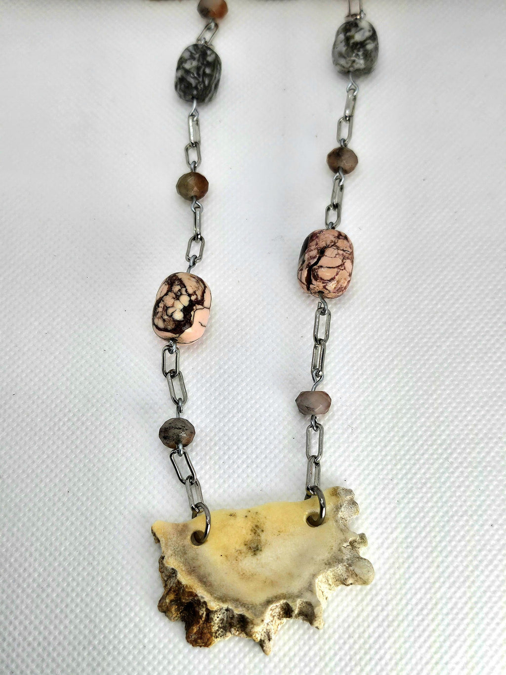 Unique Deer Antler Slice Necklace with Semi-Precious Stones on Stainless Steel Chain - Ethically Sourced Woodland Jewelry for Nature Lovers