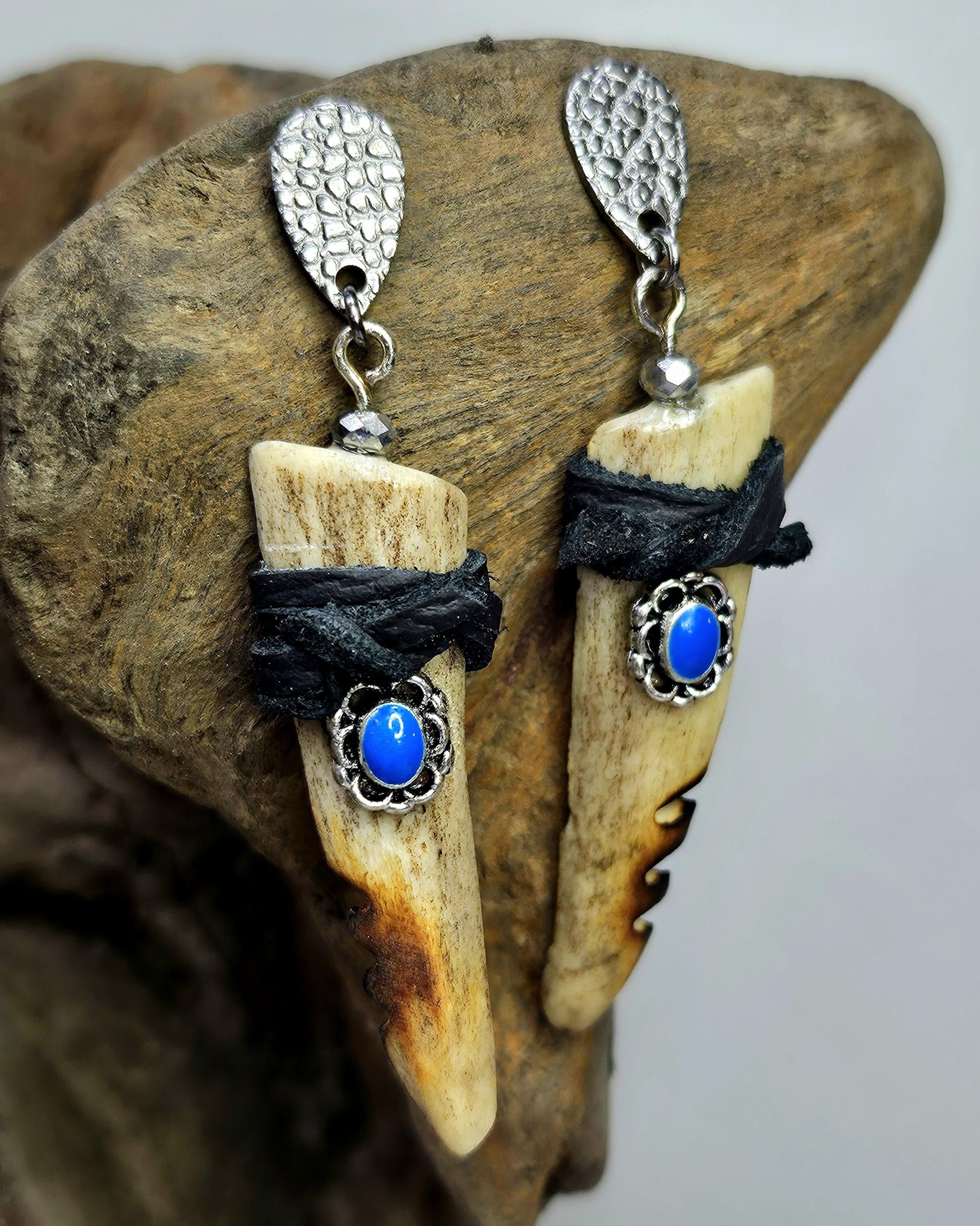 Handmade Rustic Boho Split Deer Antler Tine  Leather Earrings with Turquoise and Gemstones - Unique Gift for Her Free Shipping