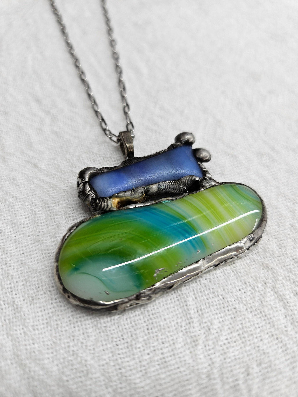 Fused Glass  Silver Soldered Pendant - Unique Rustic Boho Handmade Jewelry Gift for Her - Free Shipping Statement Piece