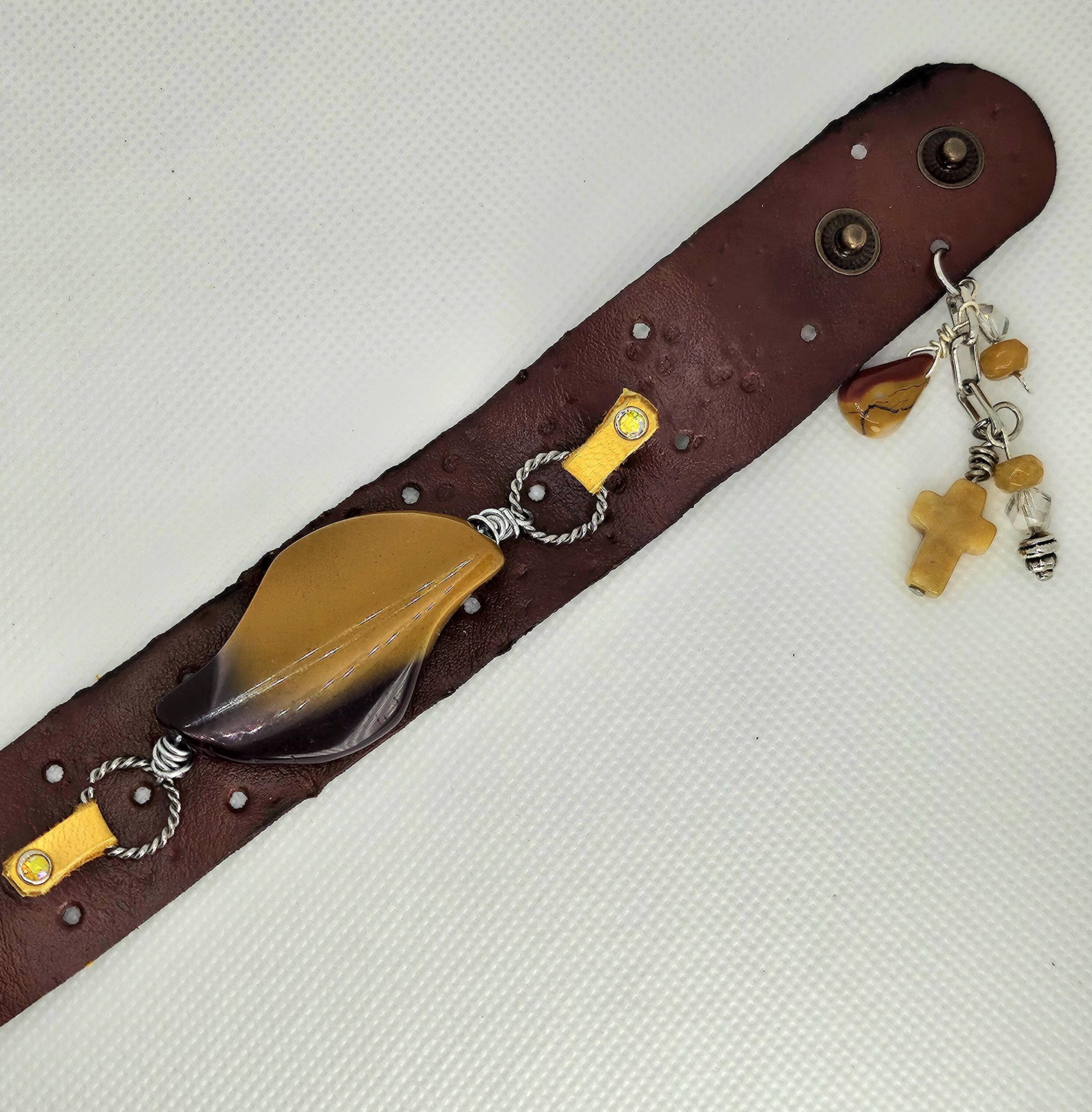 Handmade Mookite Leather Cuff Bracelet with Sparkling Rhinestone Studs and Convenient Button Closure