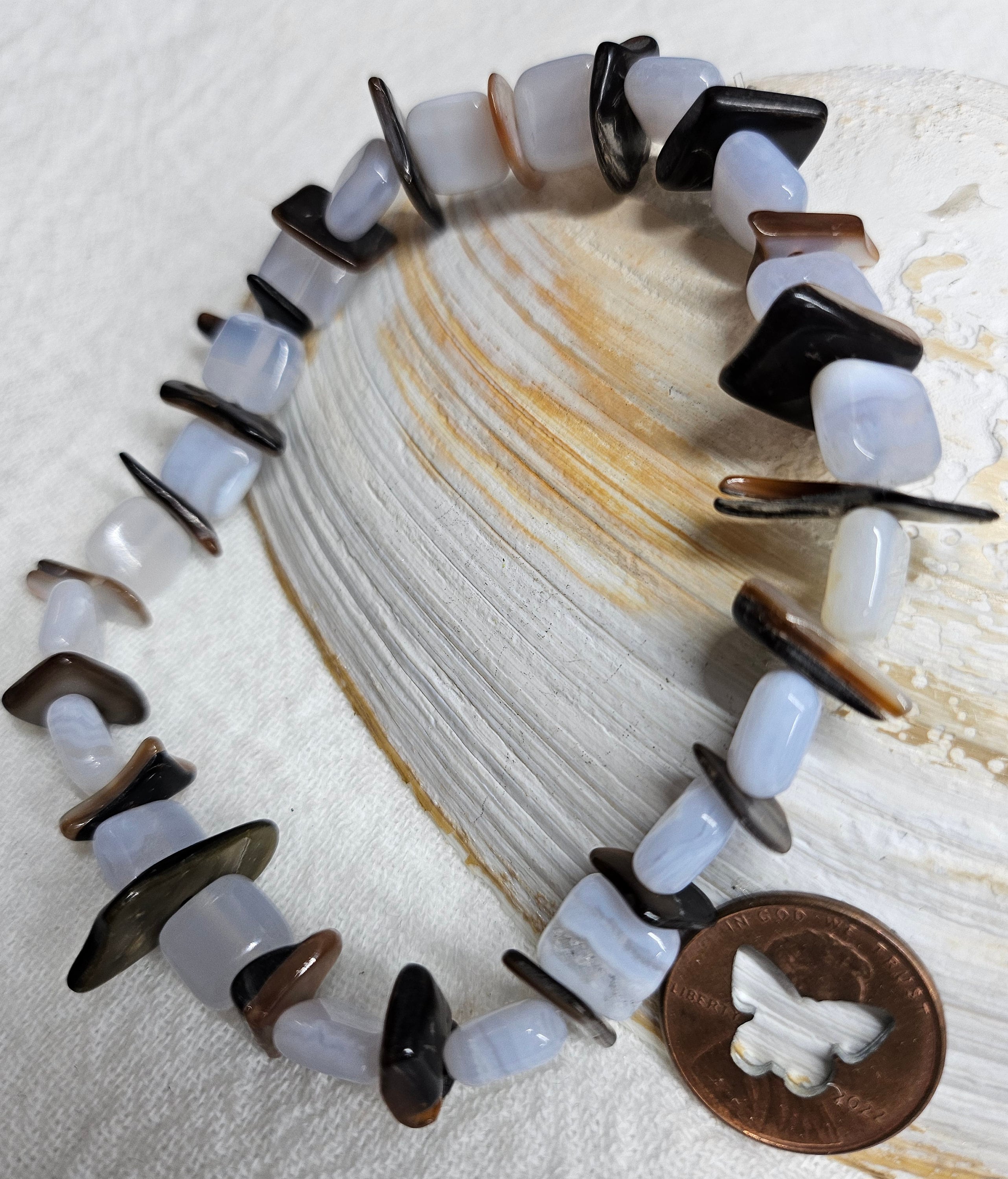 Blue Lace Agate  Abalone Shell Stretch Bracelet for Effortless Beachy Style