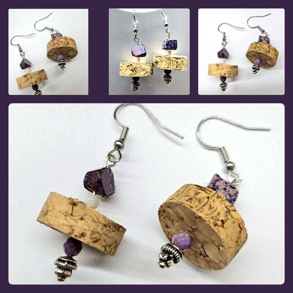 Purple Sea Sediment Jasper & Wine Cork Earrings Rustic Boho Handmade Jewelry Gift for Her Free Shipping | Rustic Boho Jewelry #363