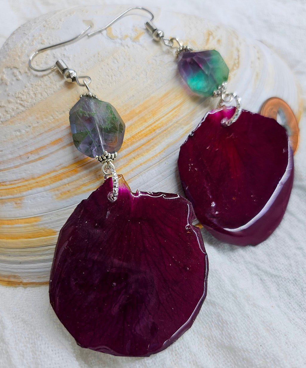 Dried  Pressed Rose Petal Earrings with Flourite Stone - Nature-Inspired Jewelry for Garden Lovers Floral Accessories for Every Occasion