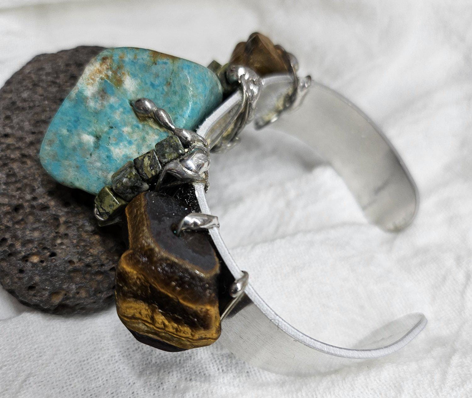 Turquoise  Tiger Eye Cuff Bracelet for Women  Unique Boho Chic Adjustable Design  Comfortable Statement Jewelry  Perfect Gift Idea