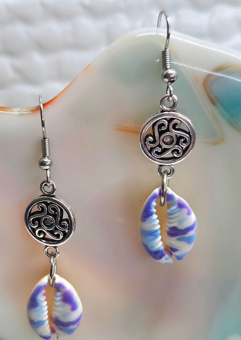 Handmade Painted Cowrie Shell  Charm Earrings  Rustic Boho Jewelry Gift for Her with Free Shipping  Unique Accessory for Beach Days