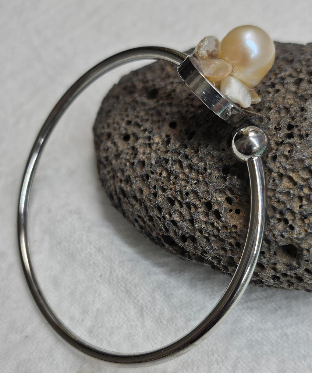 Fresh Water Pearl Bangle Bracelet Rustic Boho Handmade Jewelry Gift for Her Unique Steel  Glass Design FREE Shipping Included