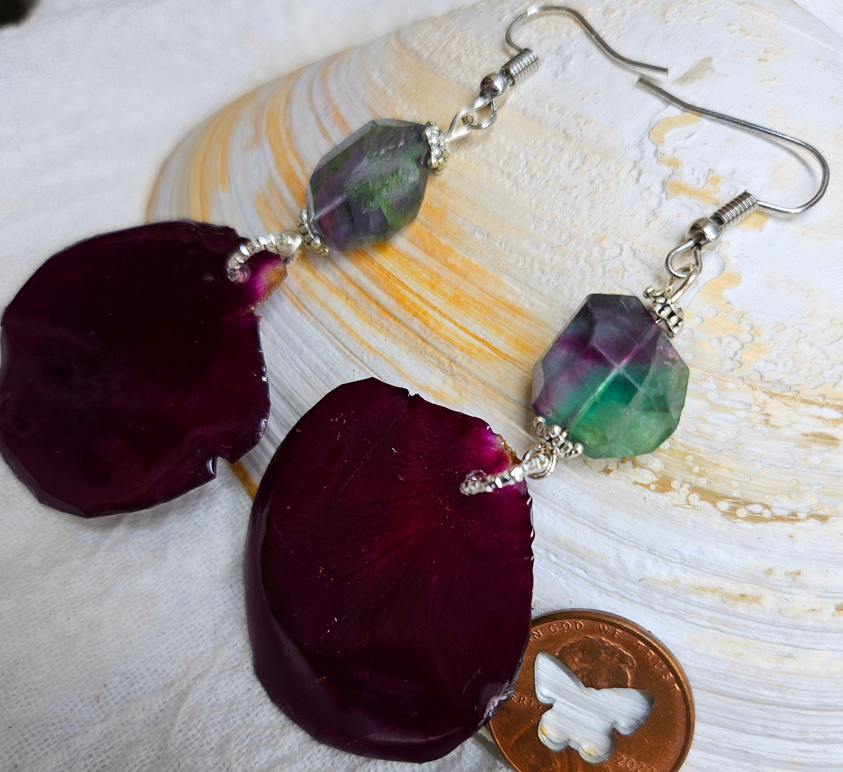 Dried  Pressed Rose Petal Earrings with Flourite Stone - Nature-Inspired Jewelry for Garden Lovers Floral Accessories for Every Occasion