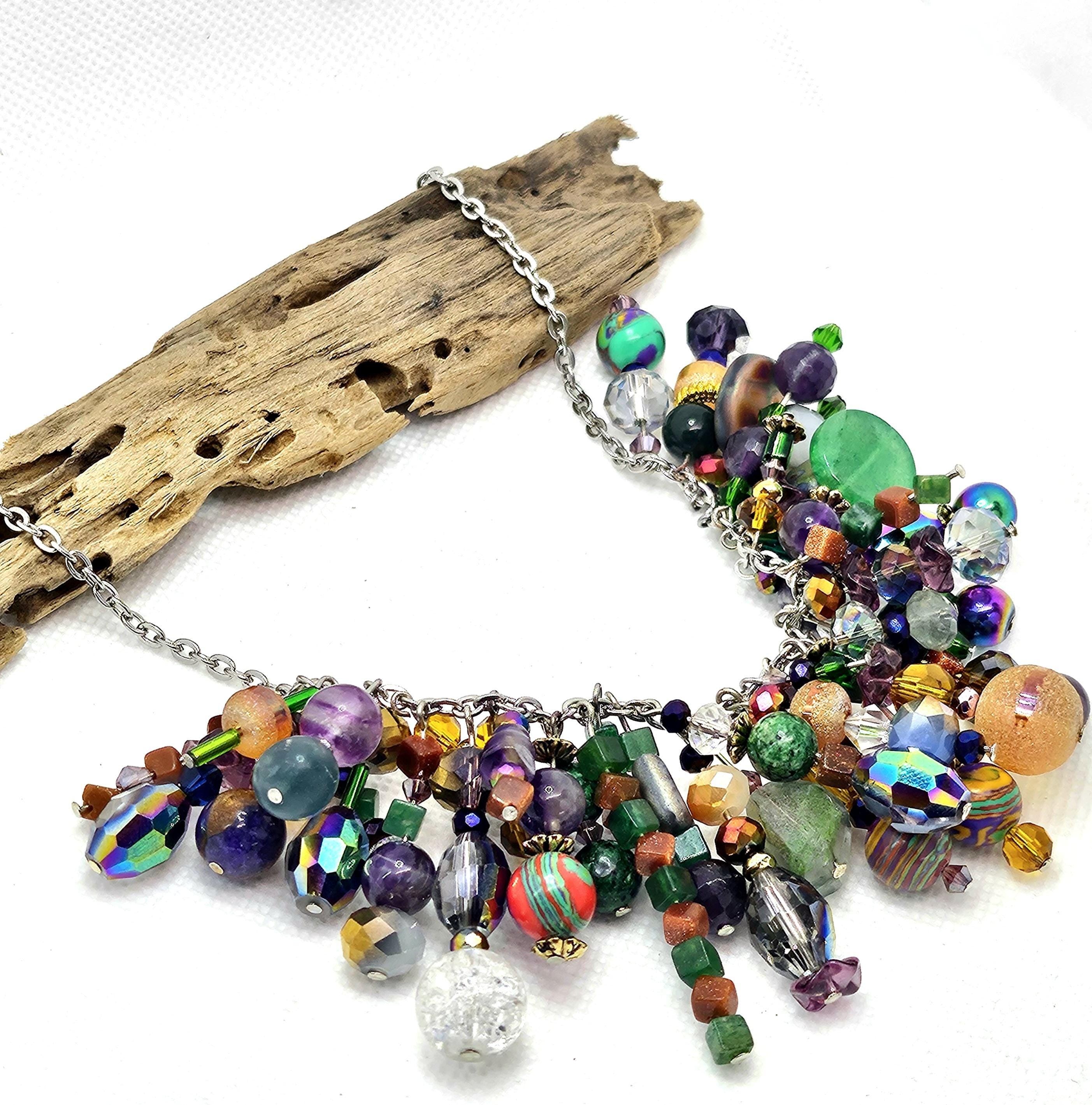 Crystal  Glass Cluster Necklace - Rustic Boho Handmade Jewelry Gift for Her - Free Shipping - Unique Statement Piece for Any Occasion