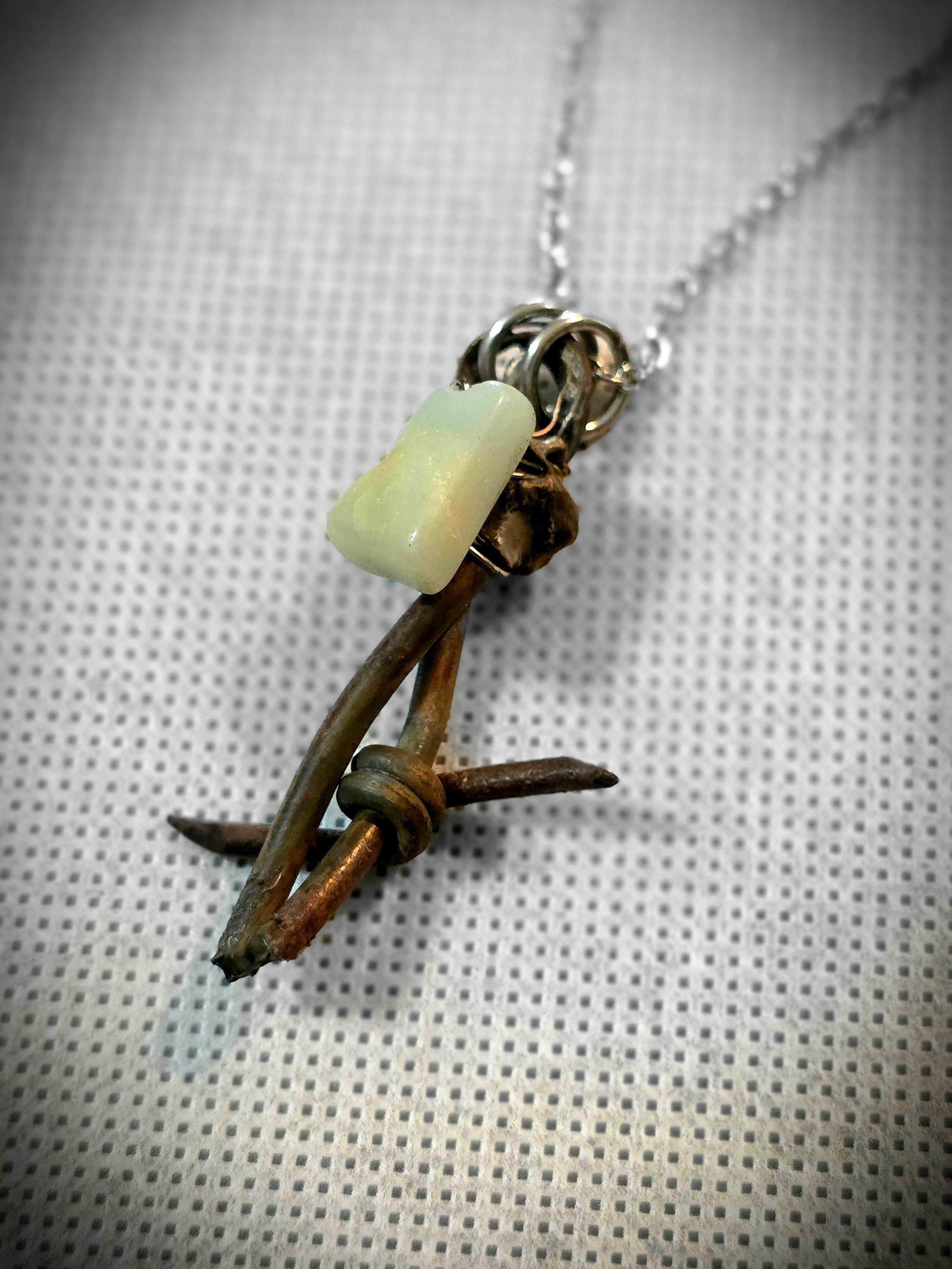 Handmade Barbed Wire Green Jade Pendant on Stainless Steel Chain - Unique Rustic Boho Jewelry for Gift or Personal Style